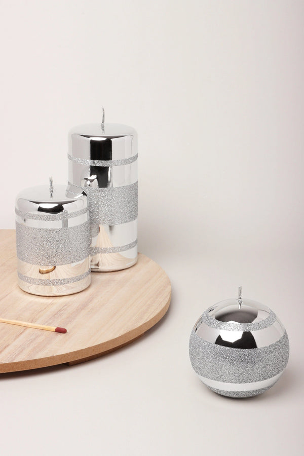Clarae Mirror Glass Pillar and Ball Candles in Silver Stripe Glitter