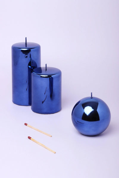 Clarae Reflet Mirror Glass Pillar and Ball Candle in Deep Sapphire