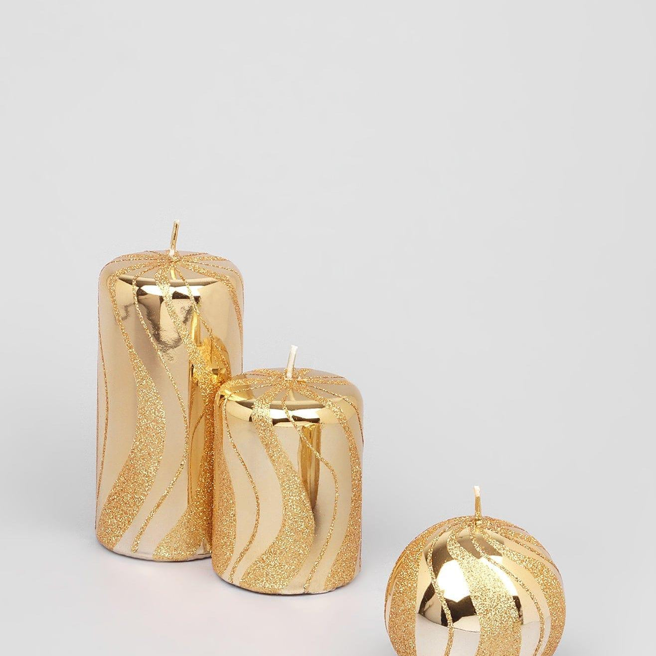 Mirror Glass Effect Limited Edition Hand-Finished Gold Spiral Glitter Pillar & Ball Candles - G Decor