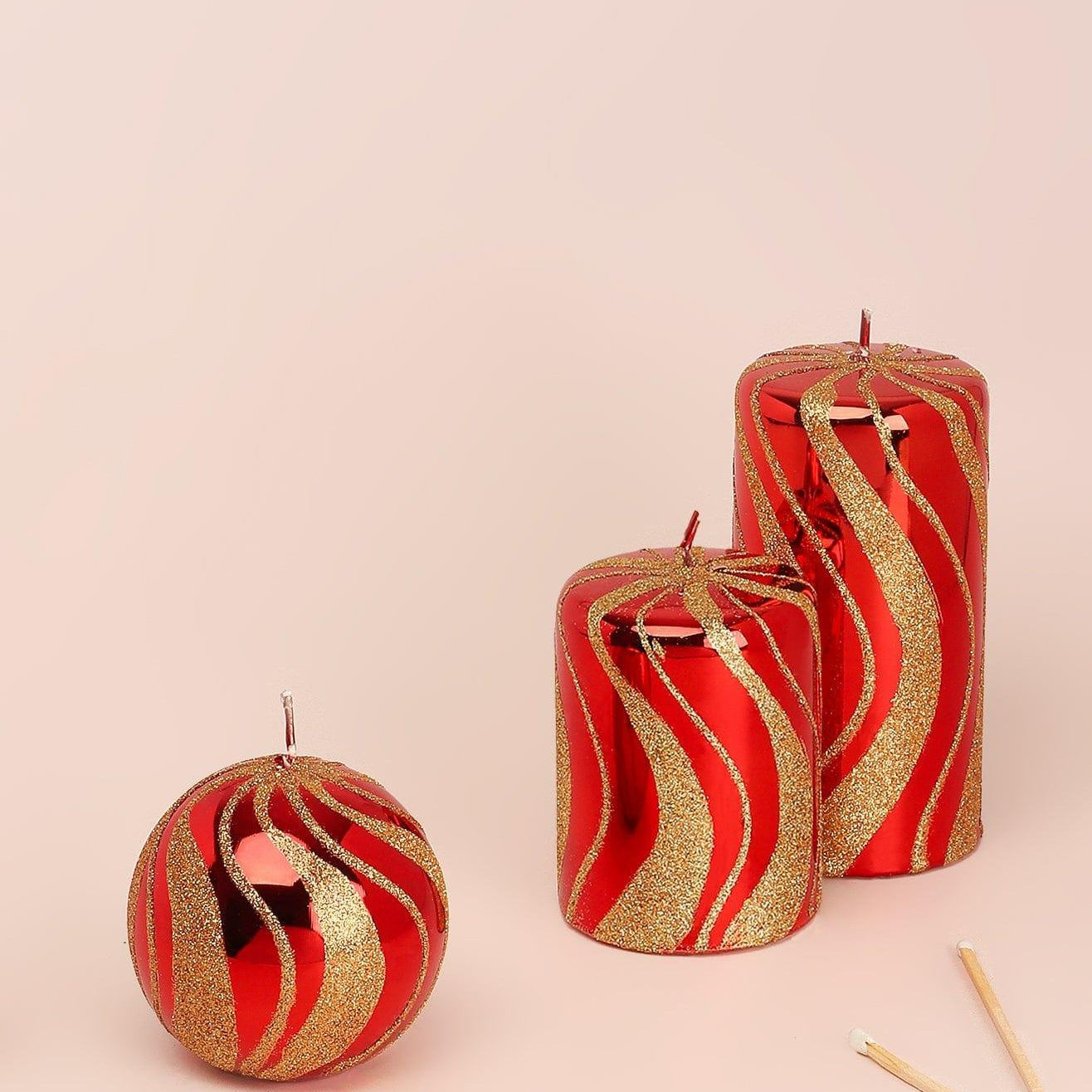 Mirror Glass Effect Limited Edition Hand-Finished Red & Gold Swirl Glitter Pillar & Ball Candles - G Decor
