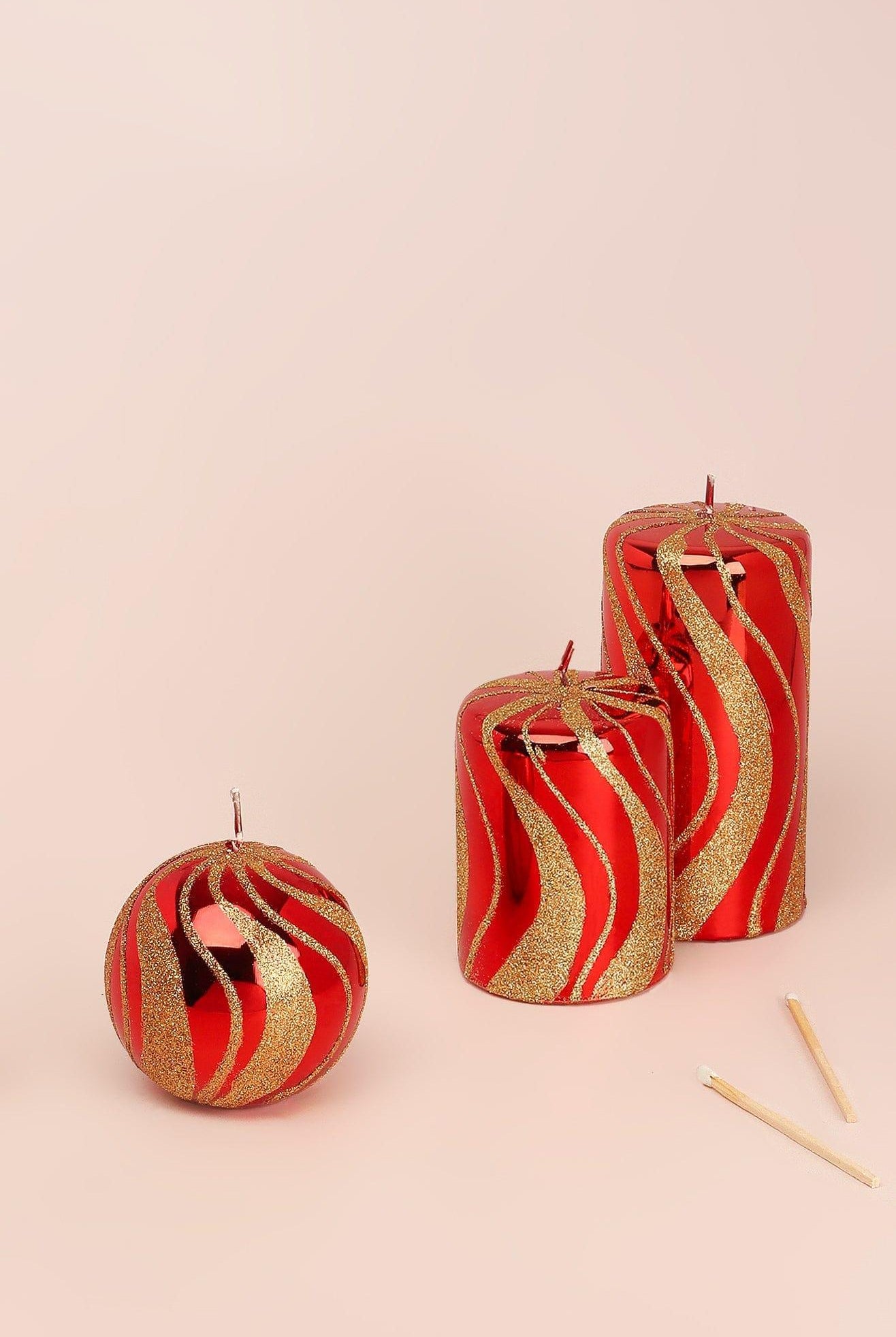 Mirror Glass Effect Limited Edition Hand-Finished Red & Gold Swirl Glitter Pillar & Ball Candles - G Decor