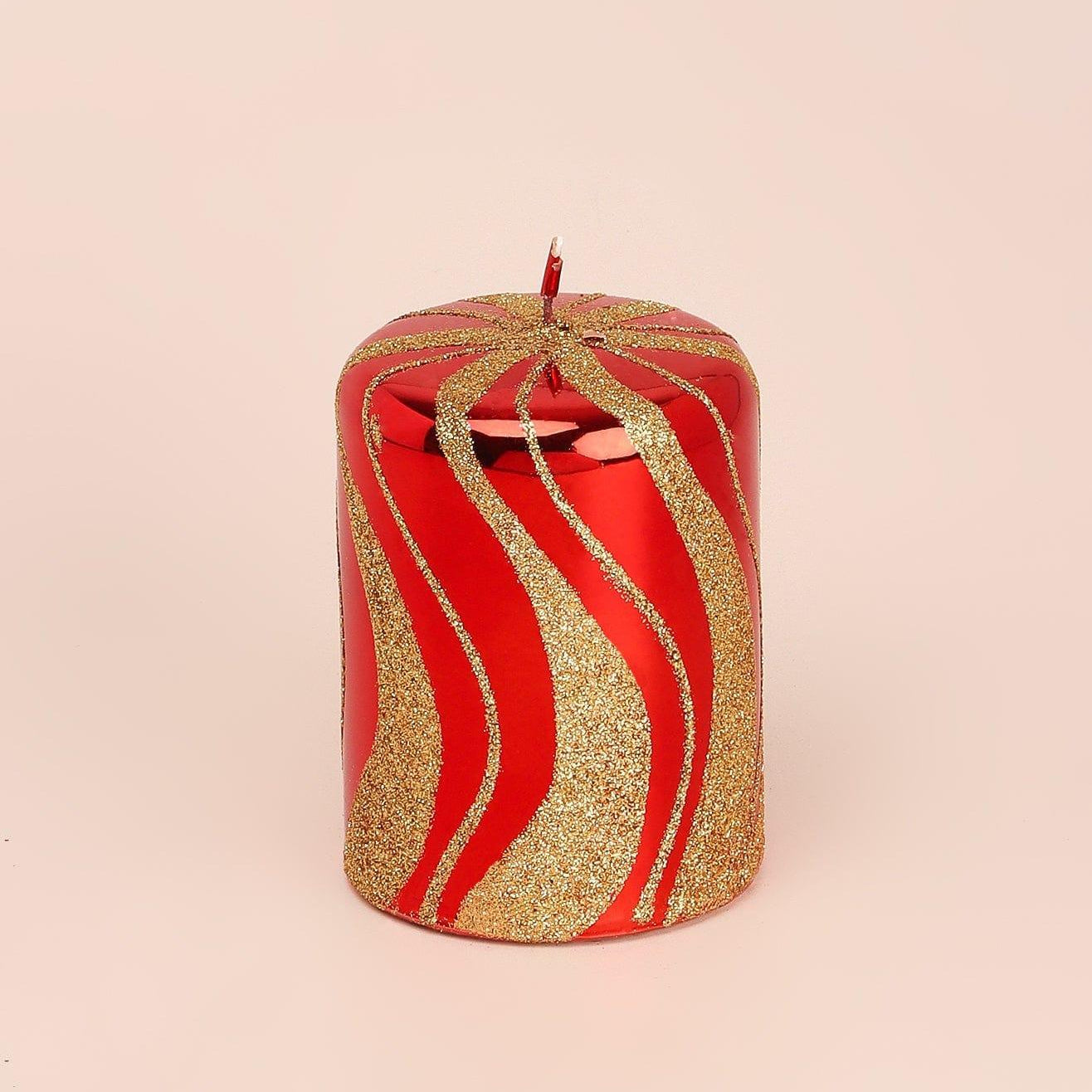 Mirror Glass Effect Limited Edition Hand-Finished Red & Gold Swirl Glitter Pillar & Ball Candles - G Decor