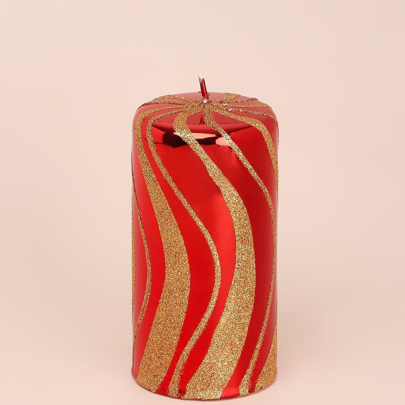 Mirror Glass Effect Limited Edition Hand-Finished Red & Gold Swirl Glitter Pillar & Ball Candles - G Decor