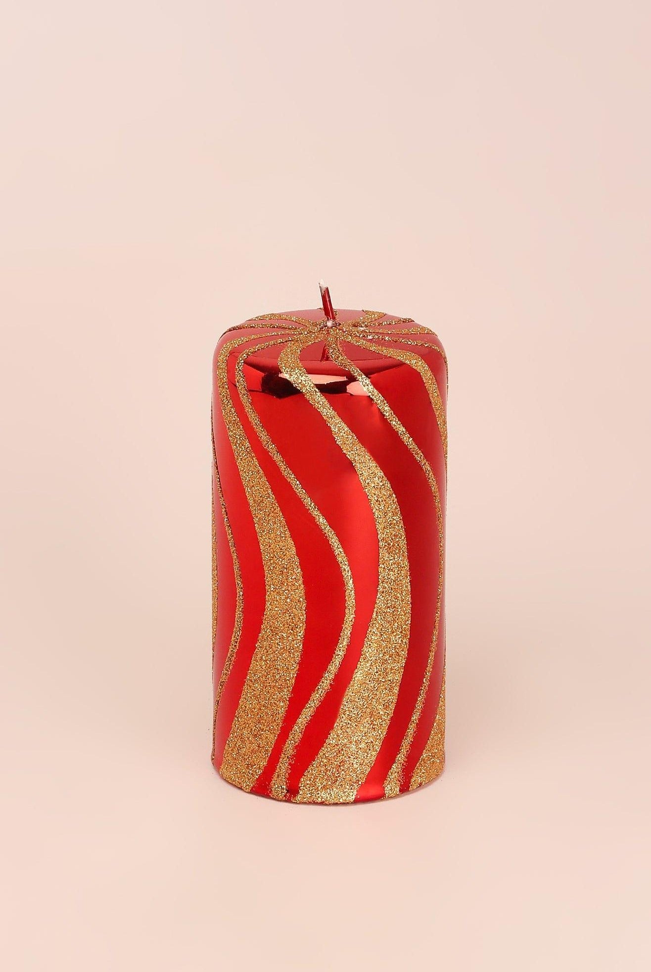 Mirror Glass Effect Limited Edition Hand-Finished Red & Gold Swirl Glitter Pillar & Ball Candles - G Decor