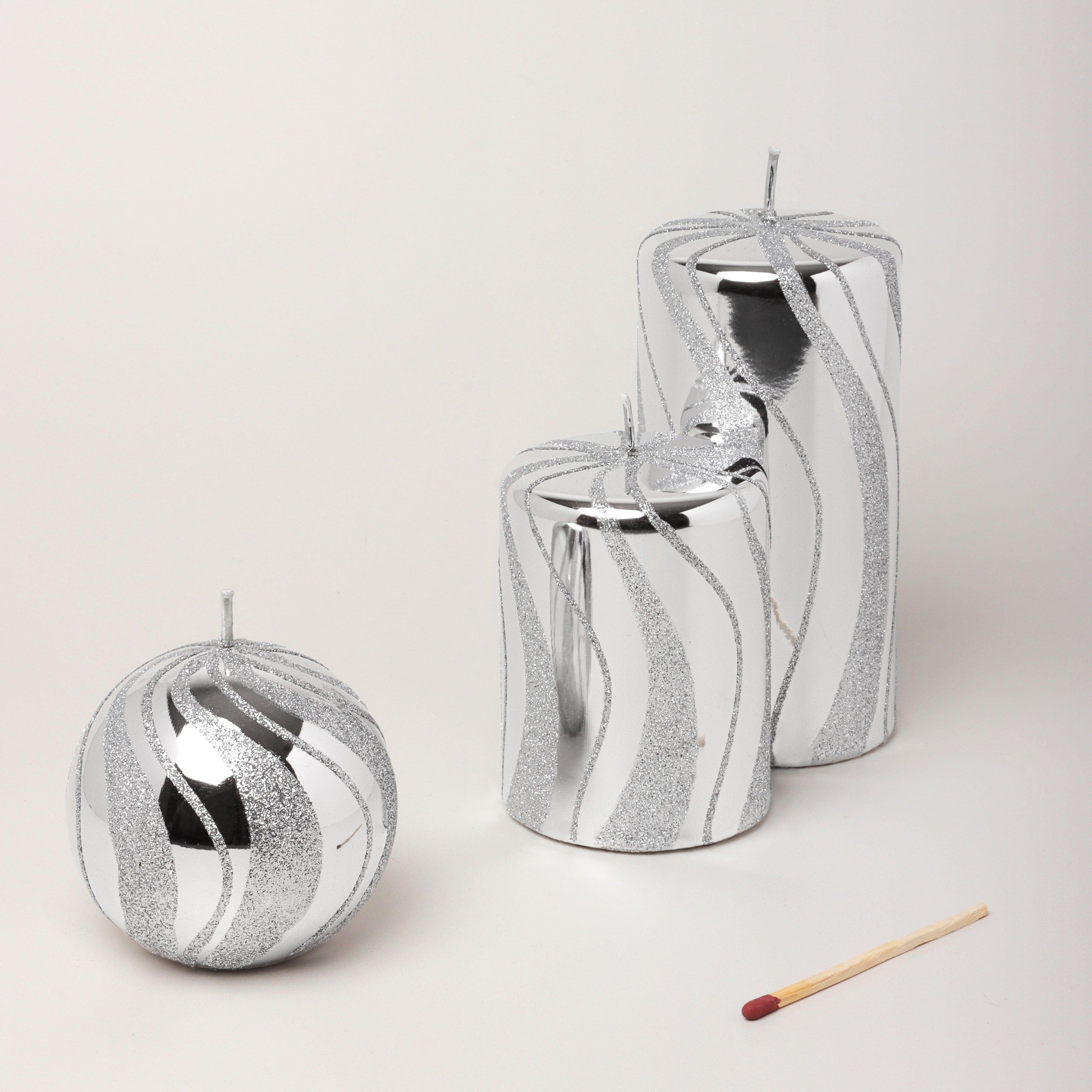 Mirror Glass Effect Limited Edition Hand-Finished Silver Swirl Glitter Pillar & Ball Candles - G Decor