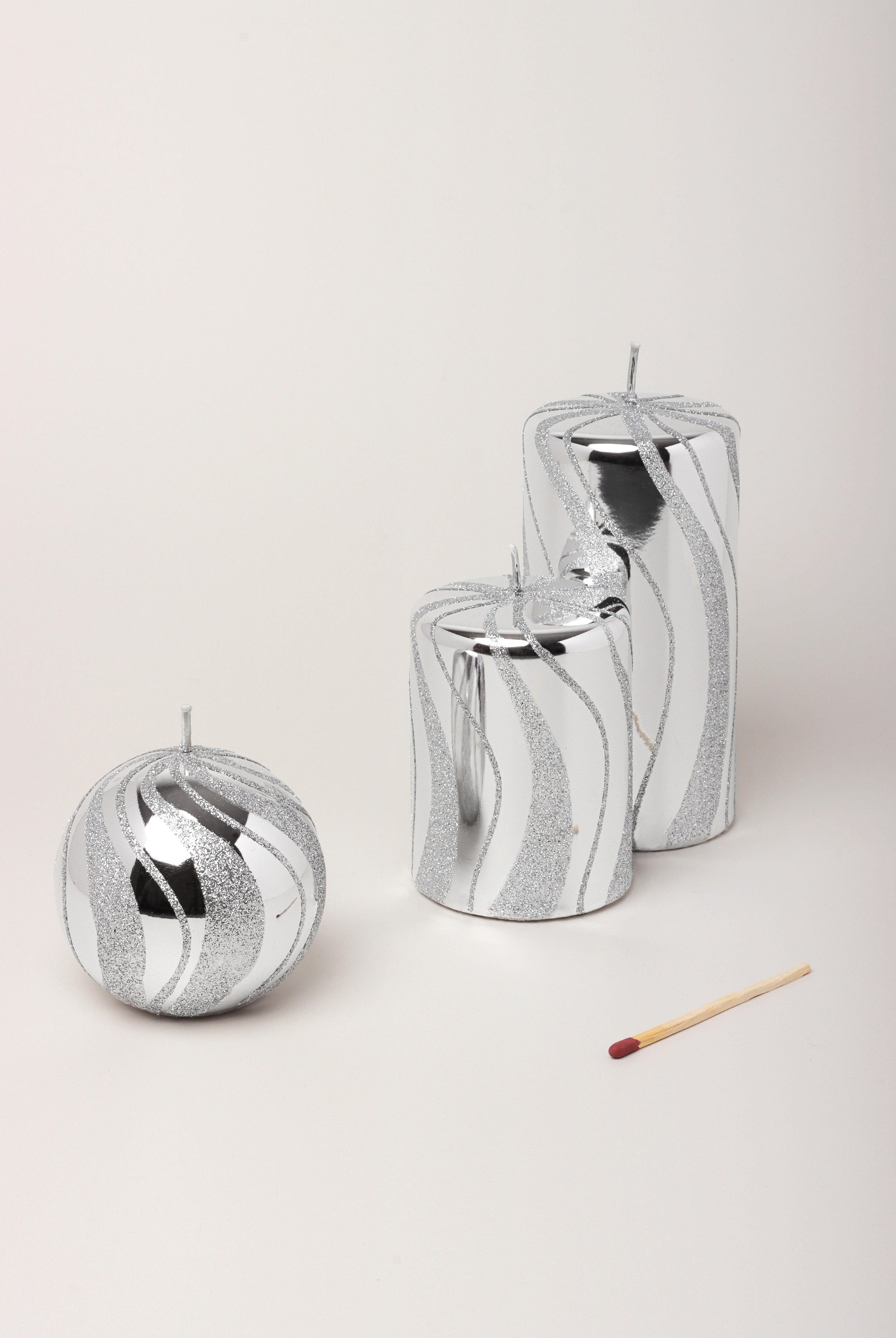 Mirror Glass Effect Limited Edition Hand-Finished Silver Swirl Glitter Pillar & Ball Candles - G Decor