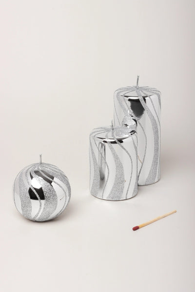 Mirror Glass Pillar and Ball Candles in Silver Swirl Glitter