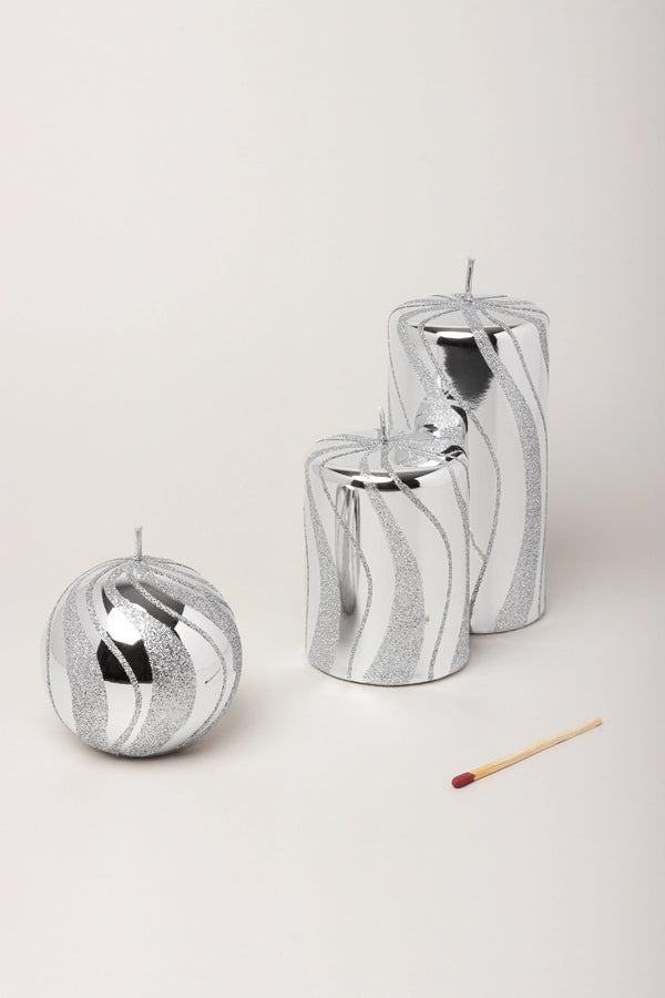 Mirror Glass Pillar and Ball Candles in Silver Swirl Glitter