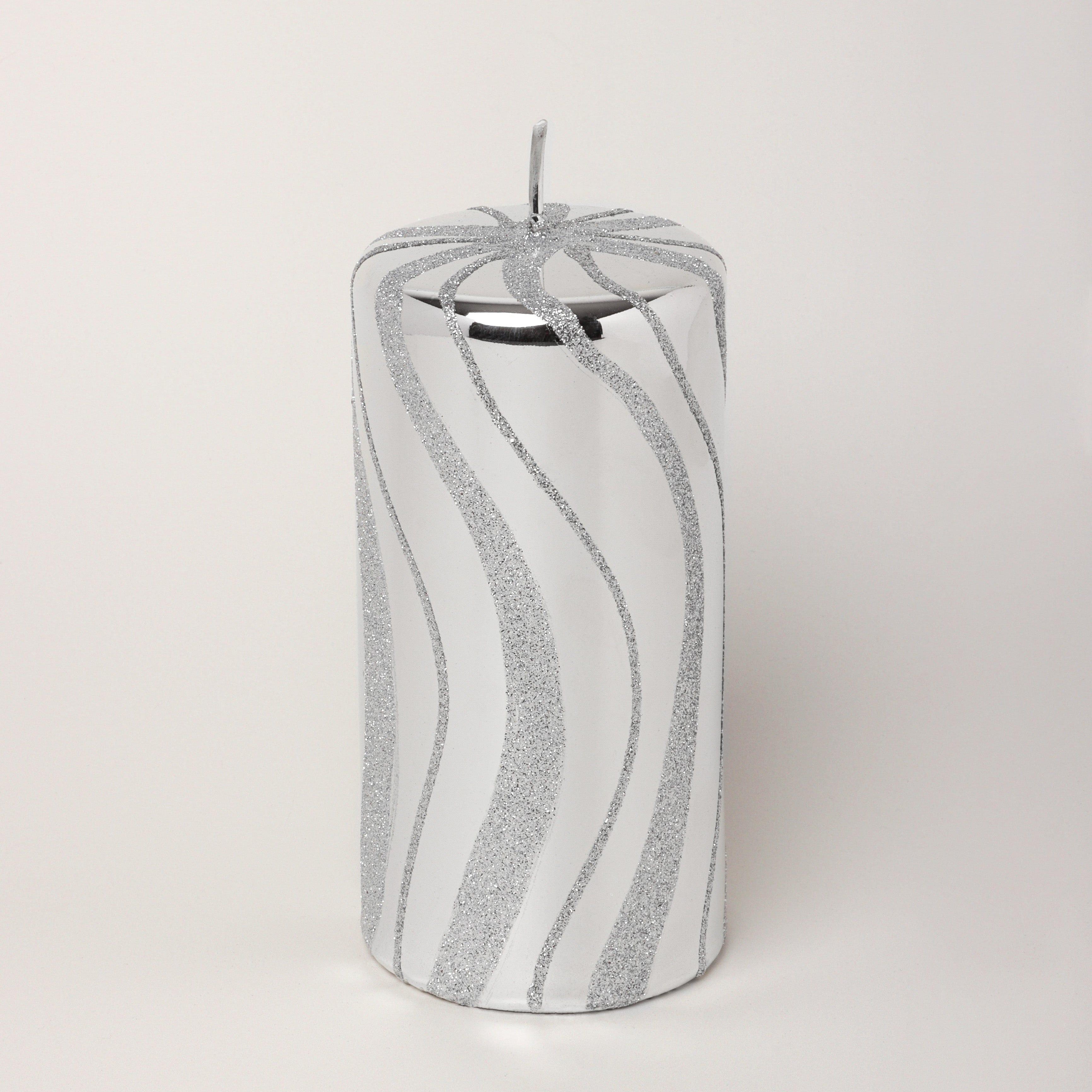 Mirror Glass Effect Limited Edition Hand-Finished Silver Swirl Glitter Pillar & Ball Candles - G Decor