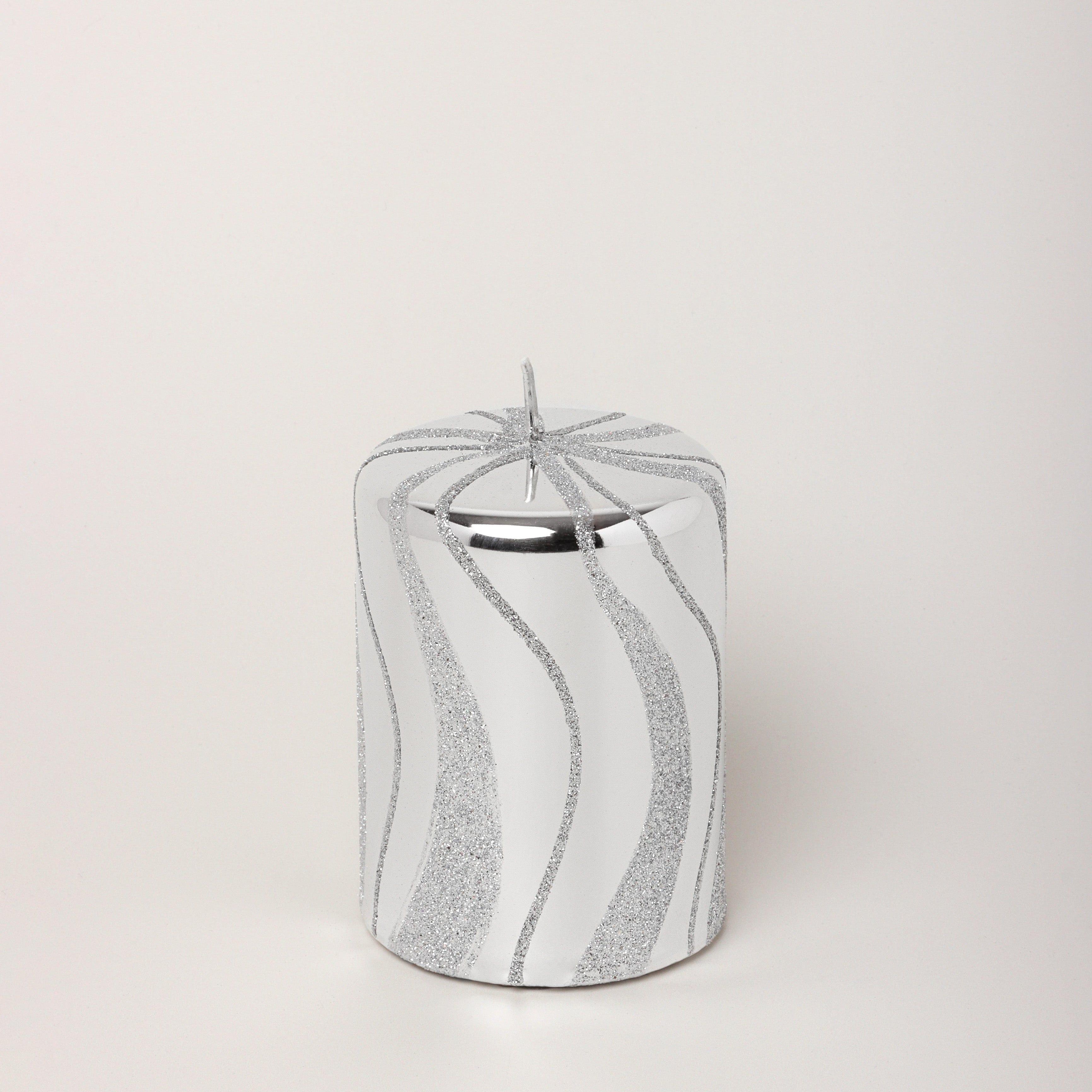 Mirror Glass Effect Limited Edition Hand-Finished Silver Swirl Glitter Pillar & Ball Candles - G Decor