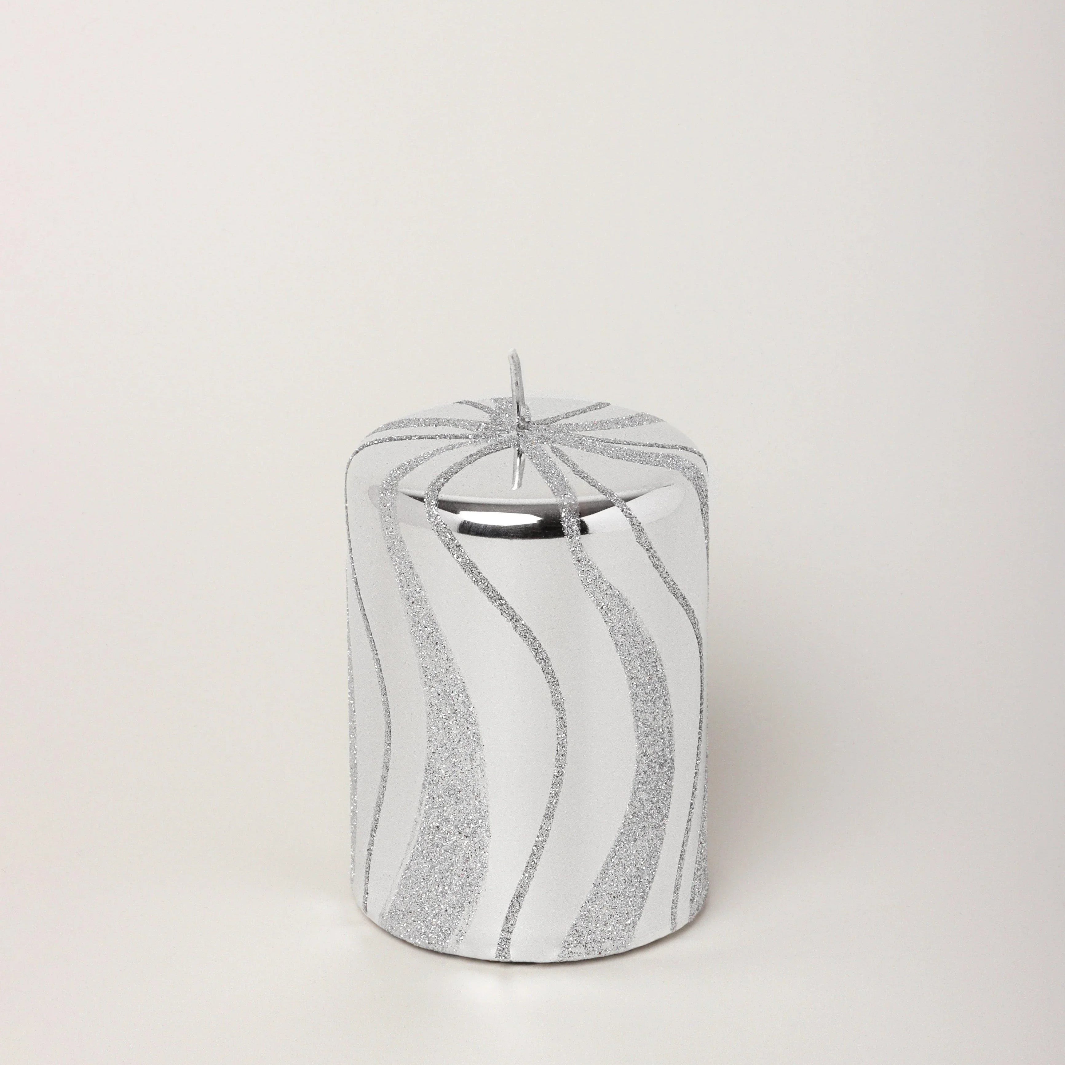 Mirror Glass Effect Limited Edition Hand-Finished Silver Swirl Glitter Pillar & Ball Candles - G Decor