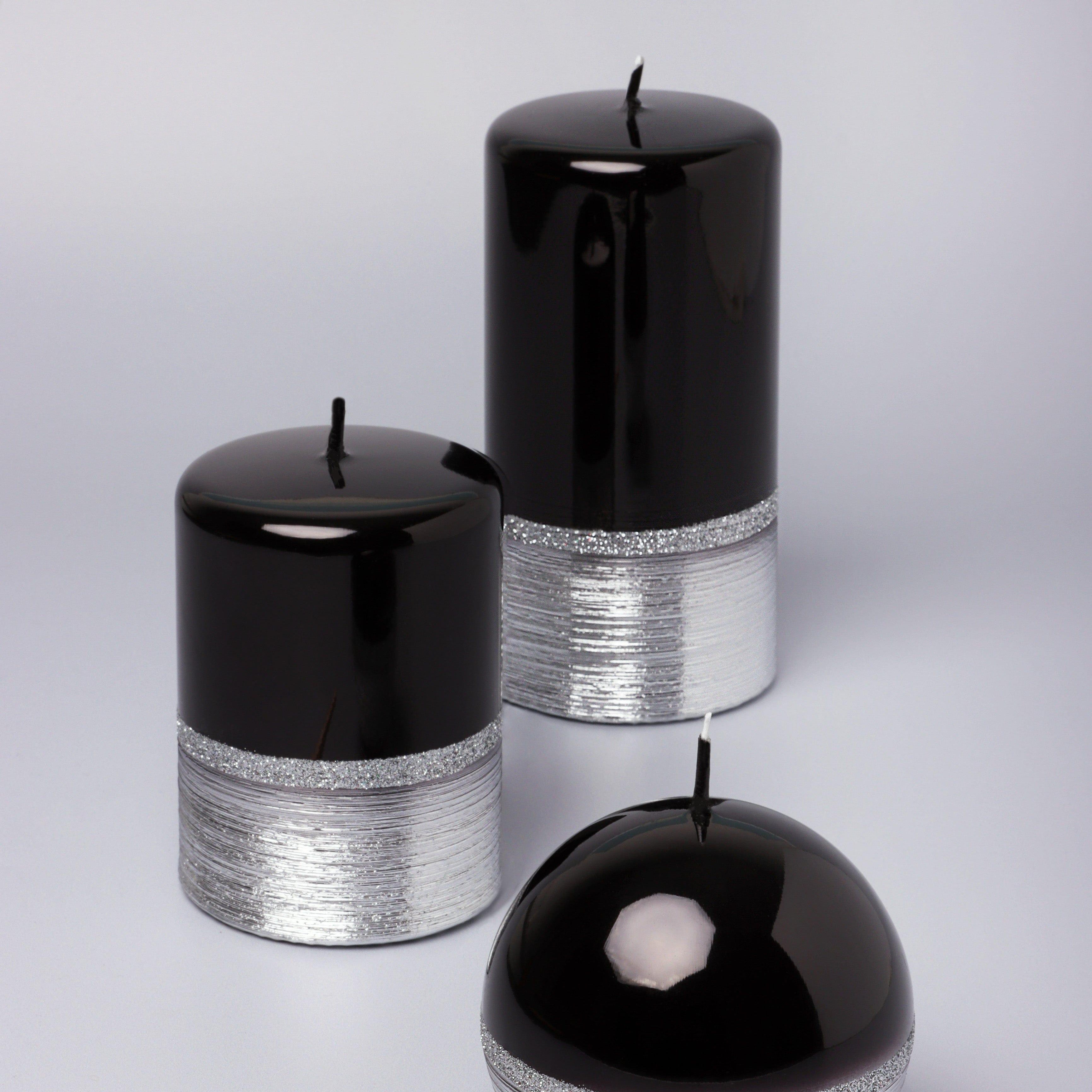 Mirror Glass Effect Limited Edition Hand-Finished Two-Tone Black Onyx & Silver Pillar & Ball Candles - G Decor