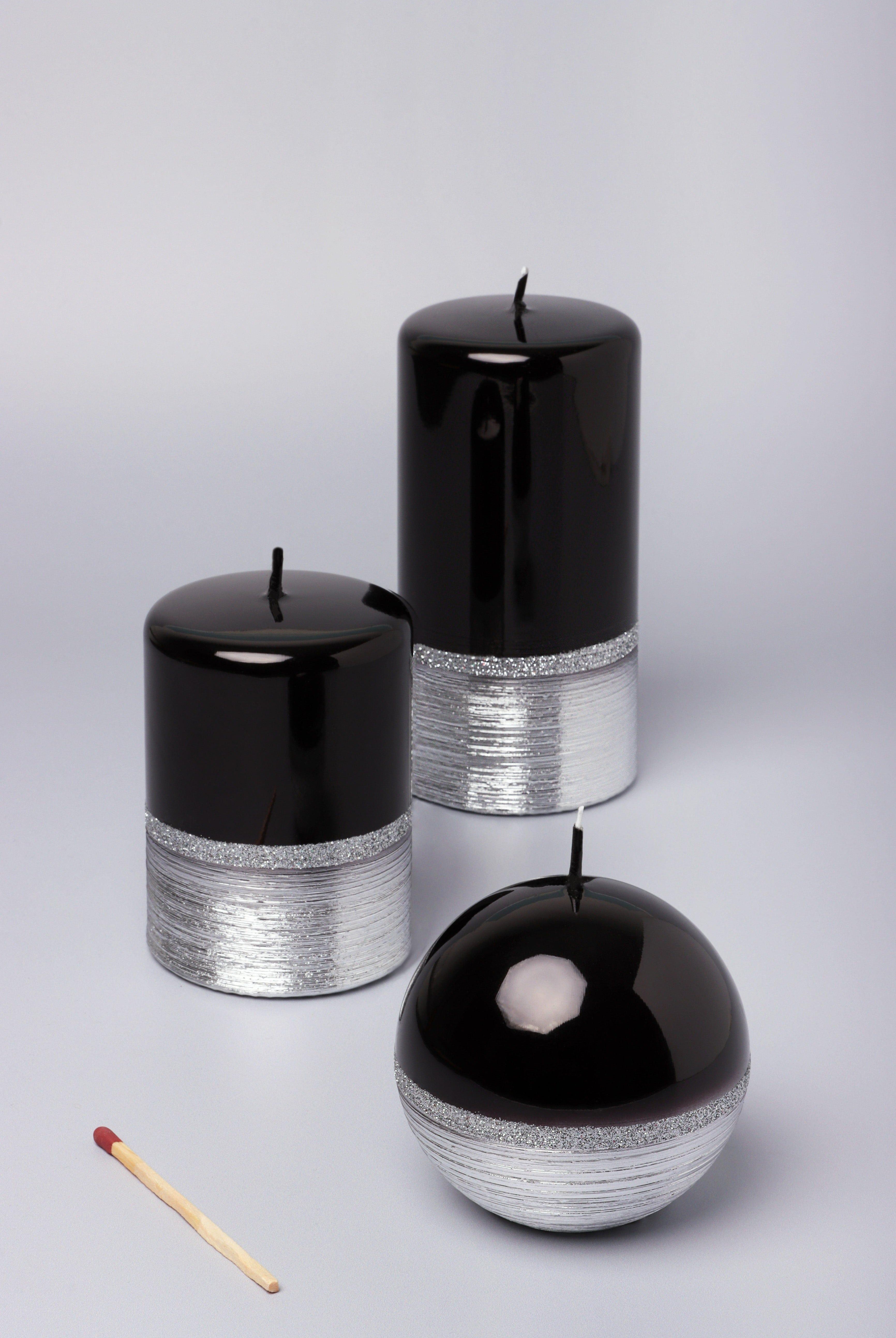 Mirror Glass Effect Limited Edition Hand-Finished Two-Tone Black Onyx & Silver Pillar & Ball Candles - G Decor