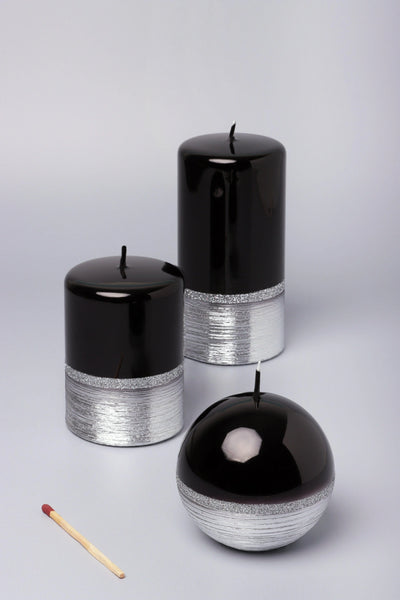 Mirror Glass Pillar & Ball Candles — Black Onyx & Silver