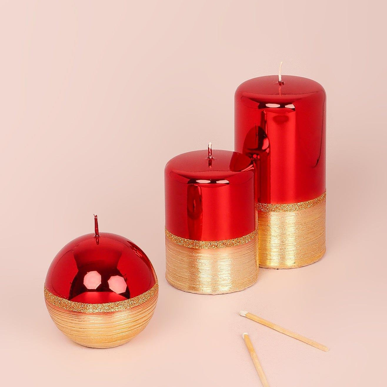 Mirror Glass Effect Limited Edition Hand-Finished Two-Tone Red Ruby & Gold Pillar & Ball Candles - G Decor