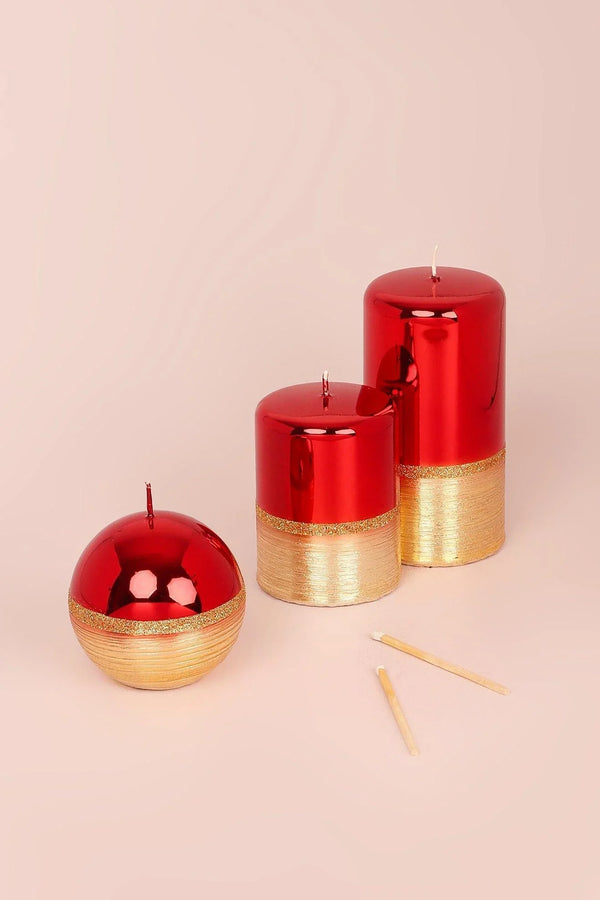 Mirror Glass Pillar and Ball Candles in Two-Tone Red Ruby and Gold