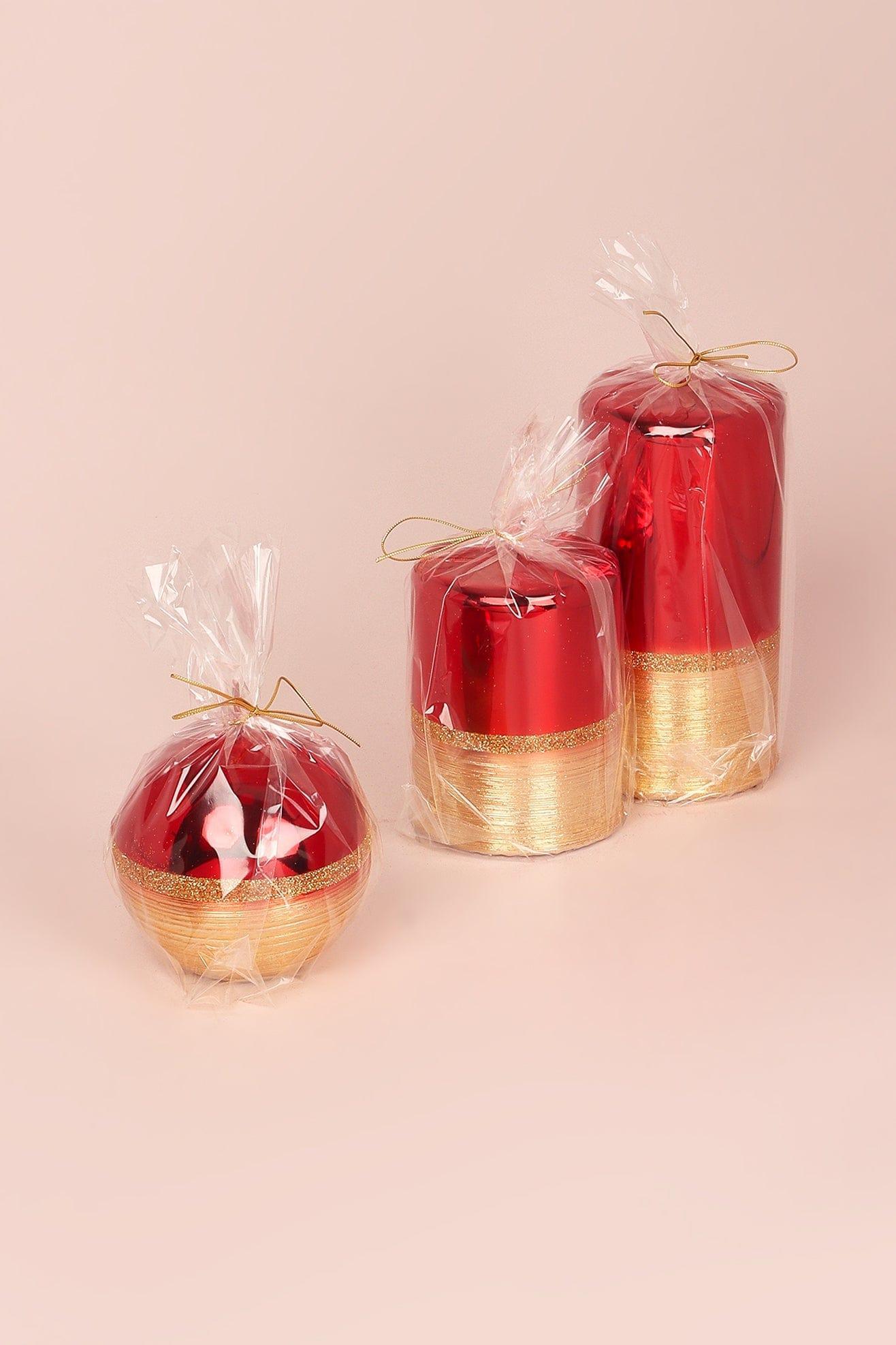 Mirror Glass Effect Limited Edition Hand-Finished Two-Tone Red Ruby & Gold Pillar & Ball Candles - G Decor