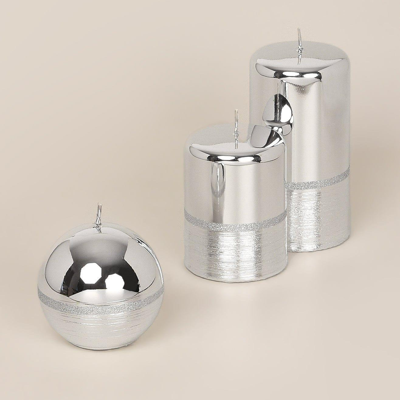 Mirror Glass Effect Limited Edition Hand-Finished Two-Tone Silver Glow Pillar & Ball Candles - G Decor