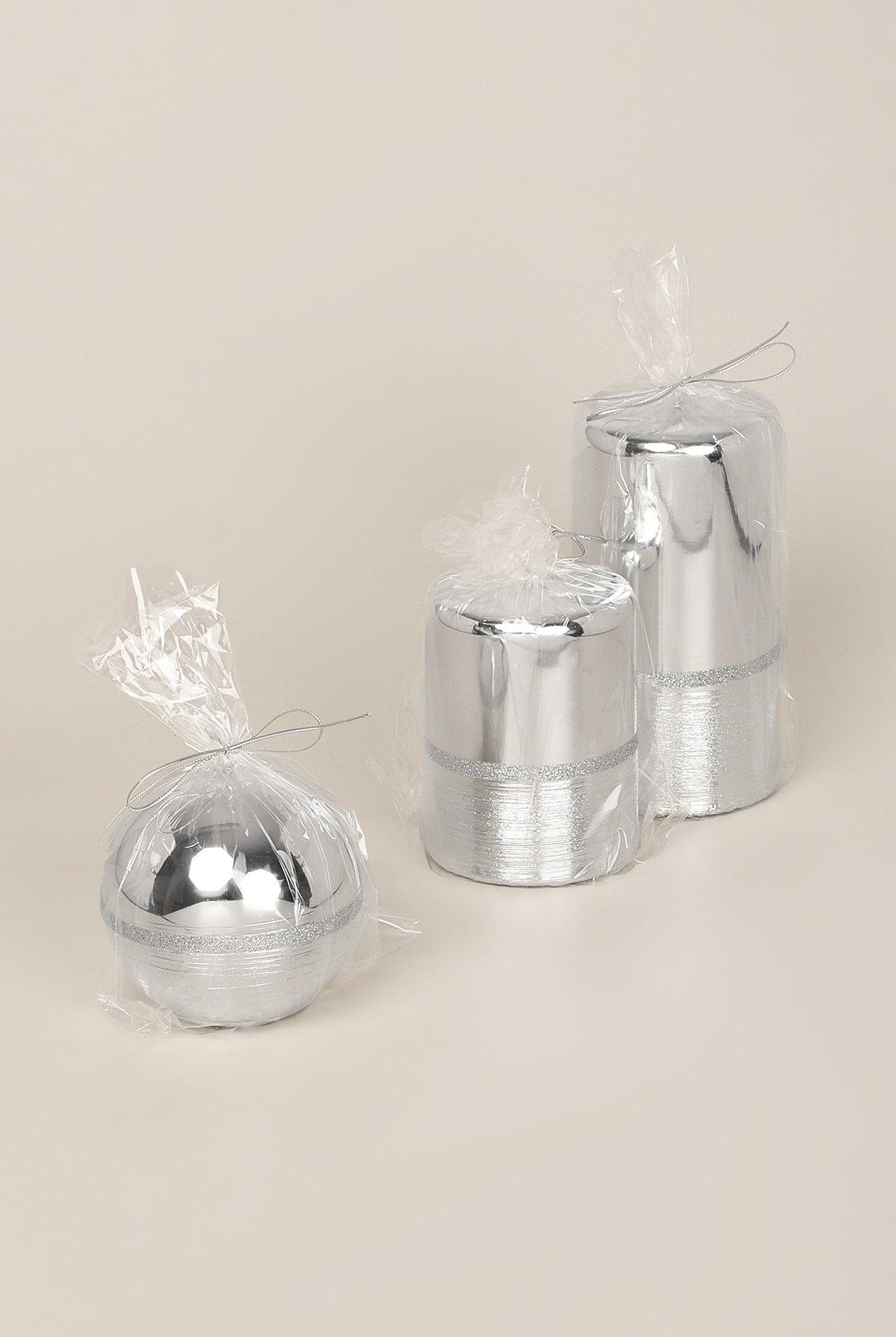 Mirror Glass Effect Limited Edition Hand-Finished Two-Tone Silver Glow Pillar & Ball Candles - G Decor