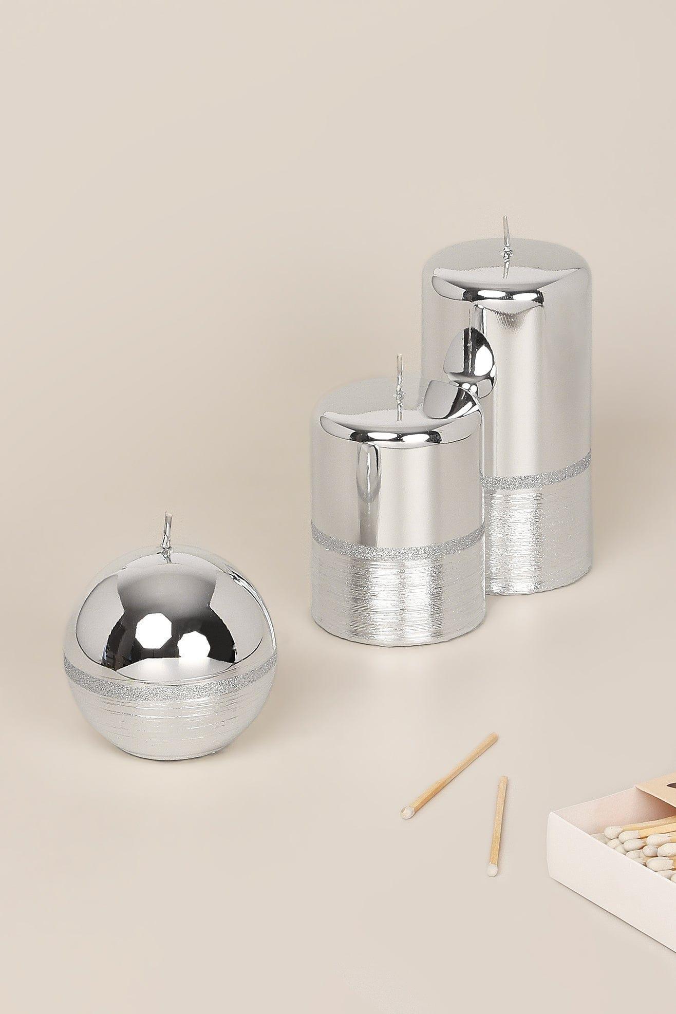 Mirror Glass Effect Limited Edition Hand-Finished Two-Tone Silver Glow Pillar & Ball Candles - G Decor