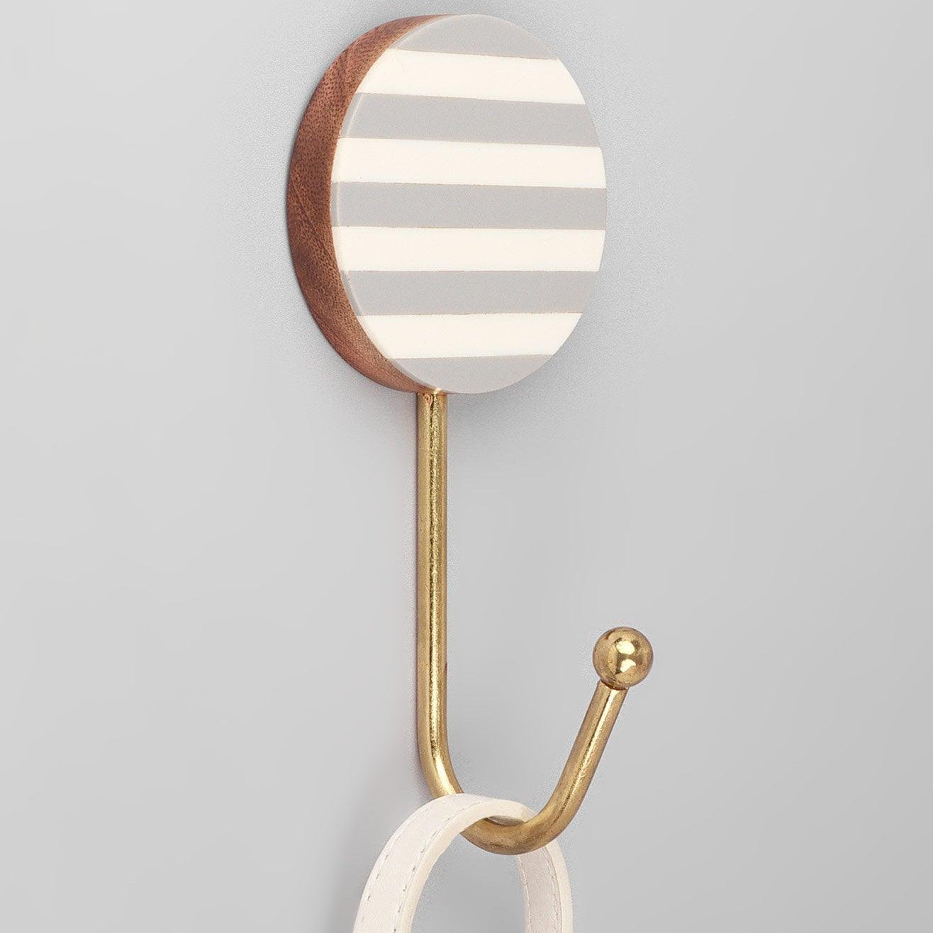 Modern Zebra Stripe Wall Hook White, Grey & Brass Round Coat Hanger - G Decor