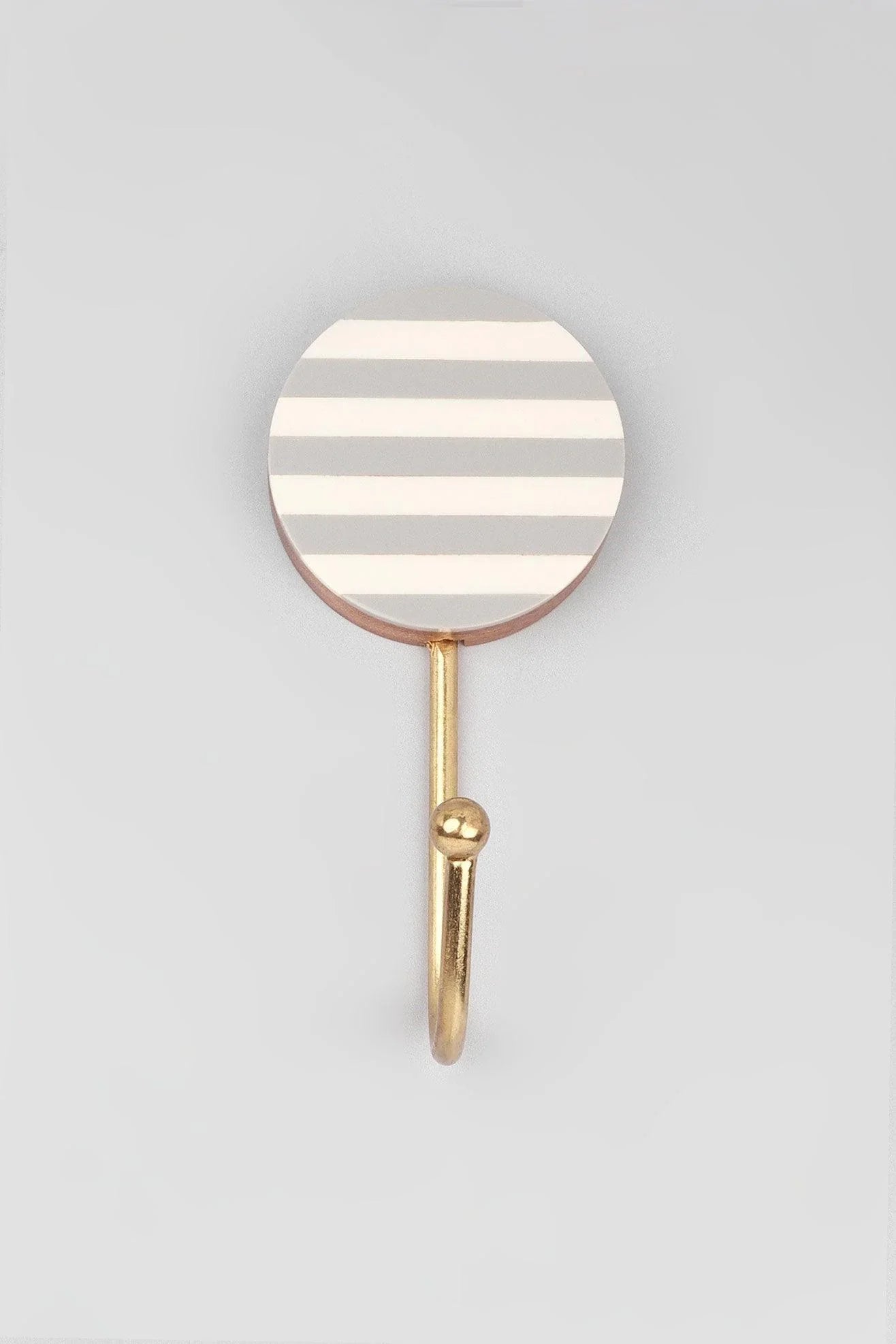 Modern Zebra Stripe Wall Hook in White Grey and Brass — close-up view, G Decor