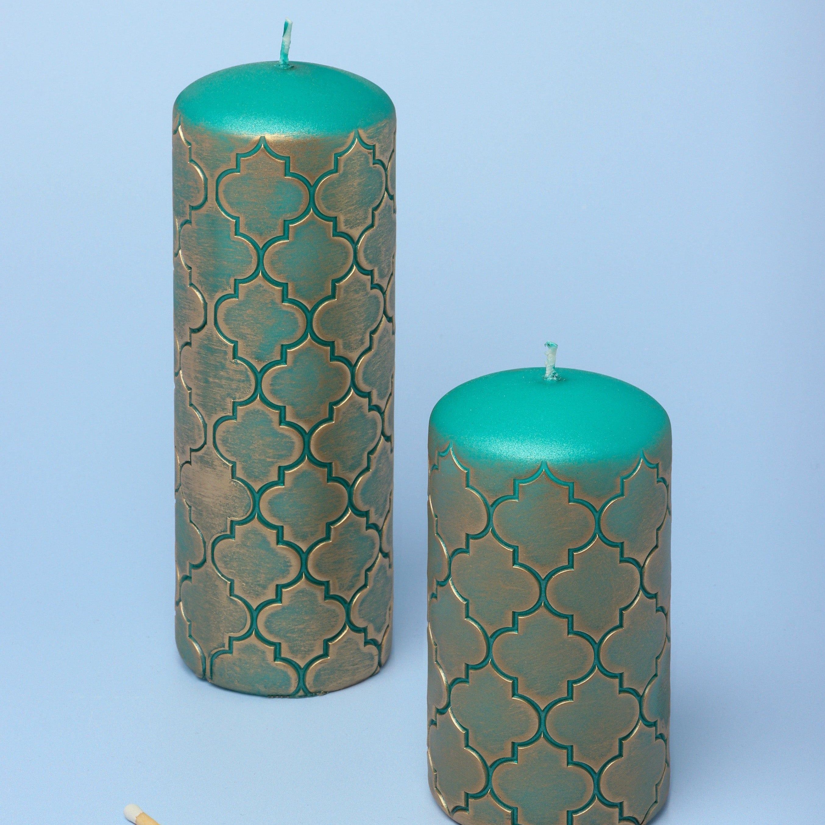 Moroccan Kanz Pressed Brass Emerald Lattice Jewel Green Pillar Candle - G Decor