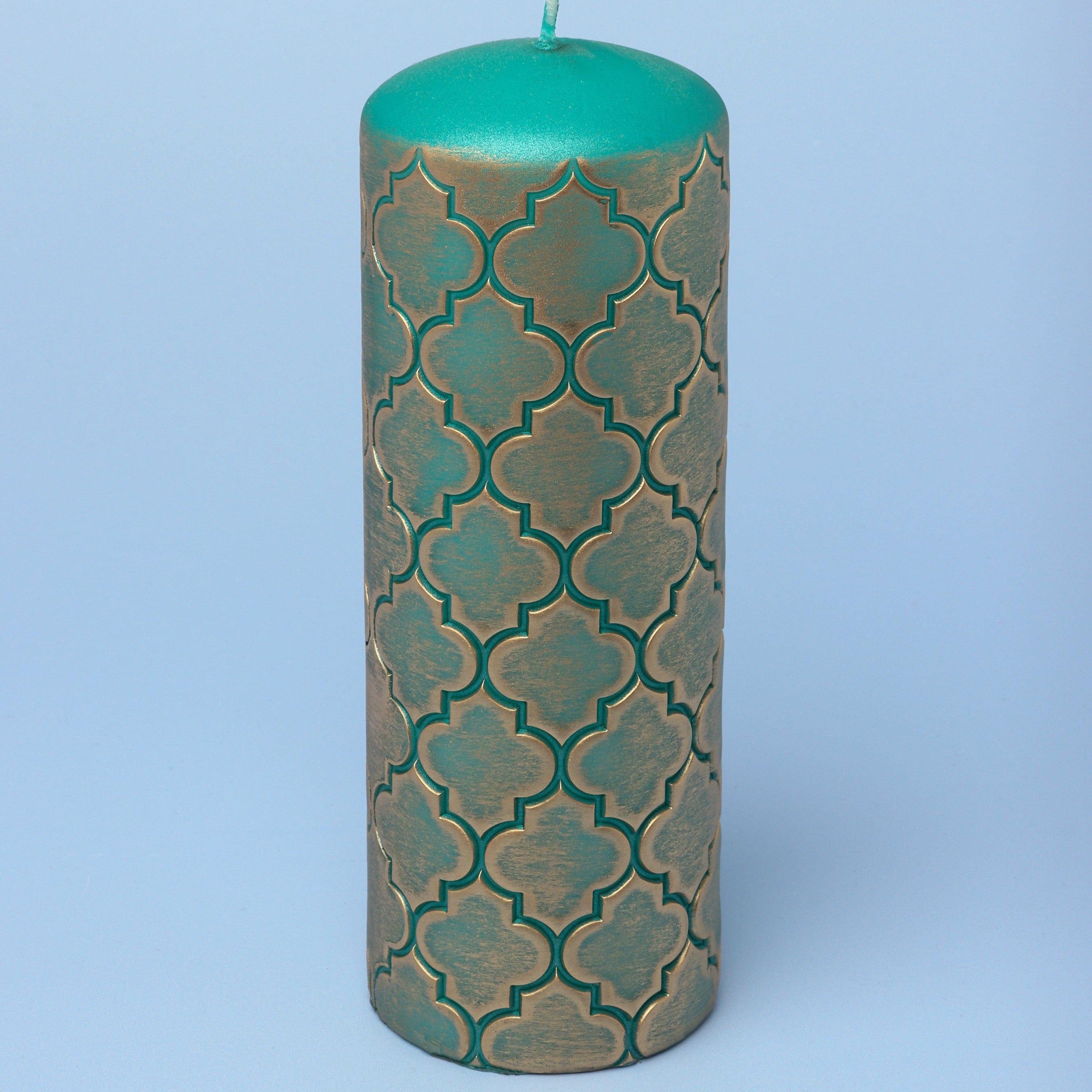 Moroccan Kanz Pressed Brass Emerald Lattice Jewel Green Pillar Candle - G Decor