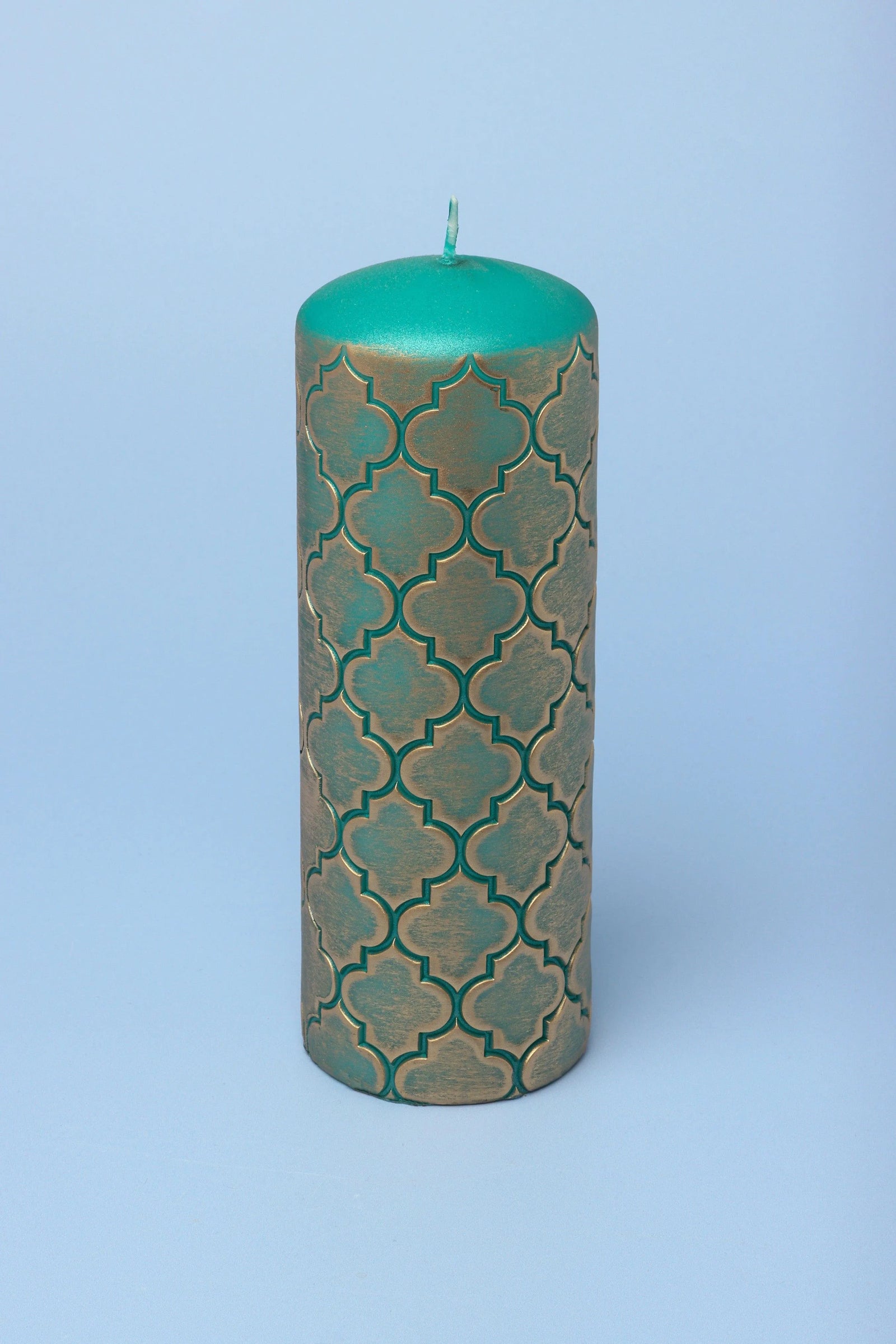Moroccan Kanz Pressed Brass Lattice Pillar Candle in Emerald Green — alternate view, G Decor