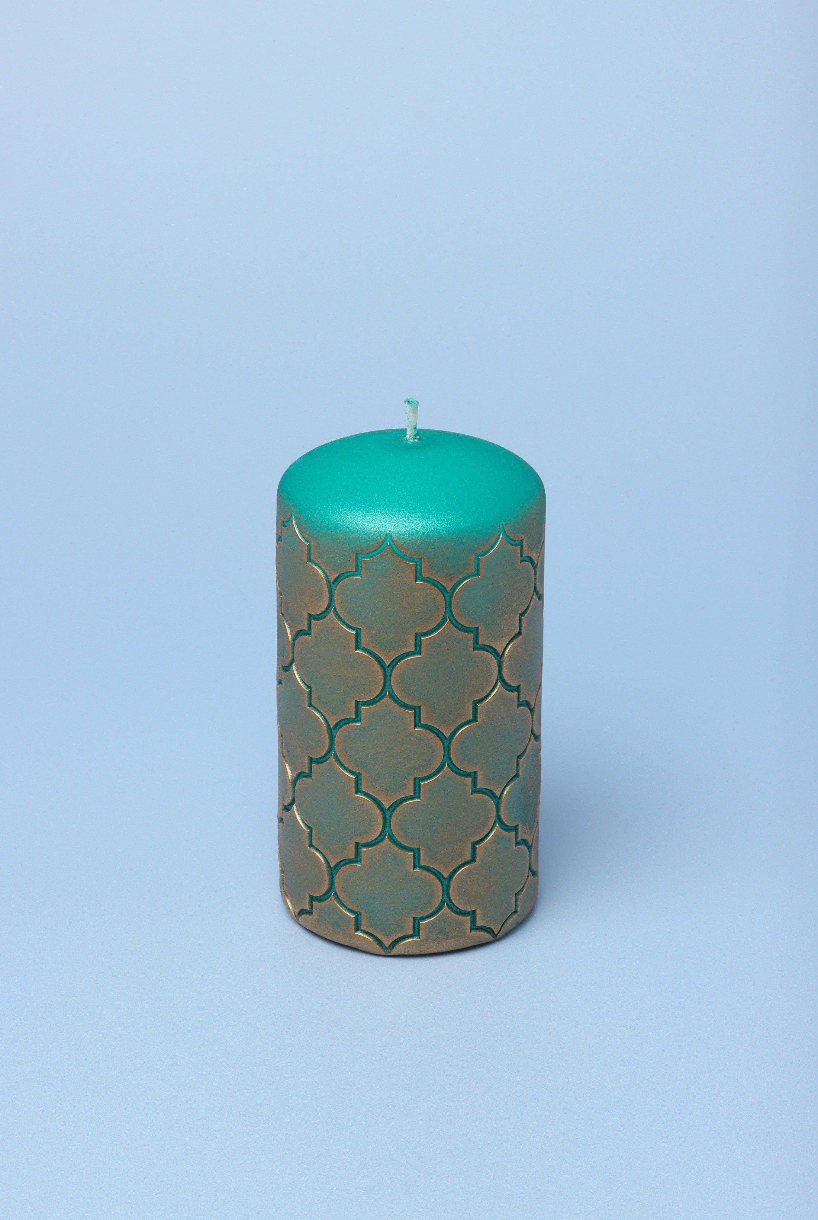 Moroccan Kanz Pressed Brass Emerald Lattice Jewel Green Pillar Candle - G Decor