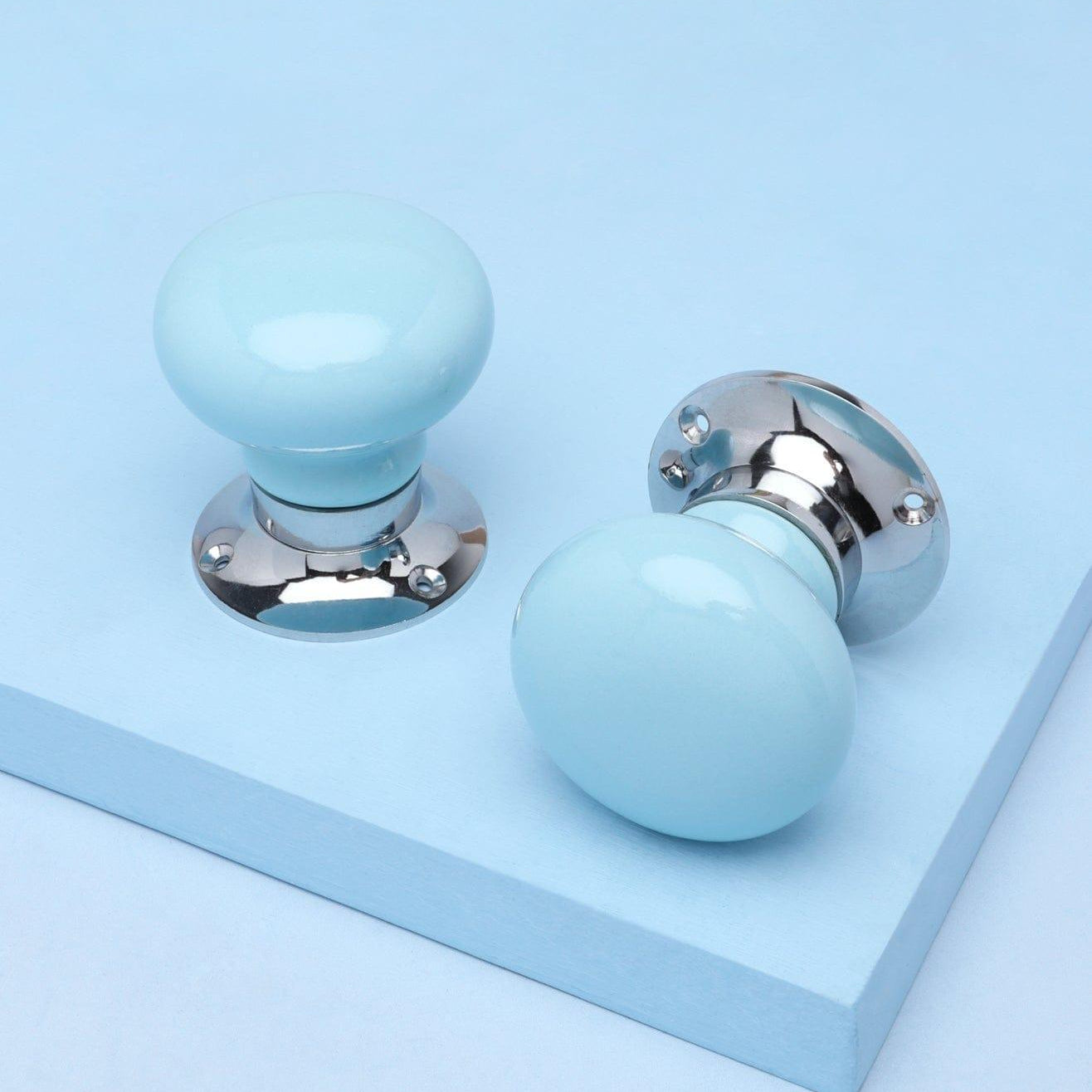 Perfect Edit Light Blue Set of Handcrafted Ceramic Mortice Door Handles, Internal Turning Knobs for Bedroom & Room Doors with Chrome Base - G Decor