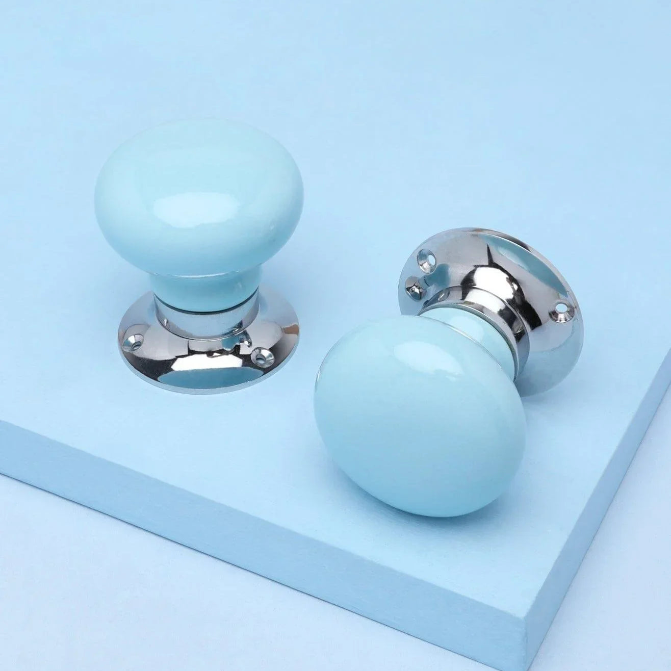 Perfect Edit Light Blue Set of Handcrafted Ceramic Mortice Door Handles, Internal Turning Knobs for Bedroom & Room Doors with Chrome Base - G Decor