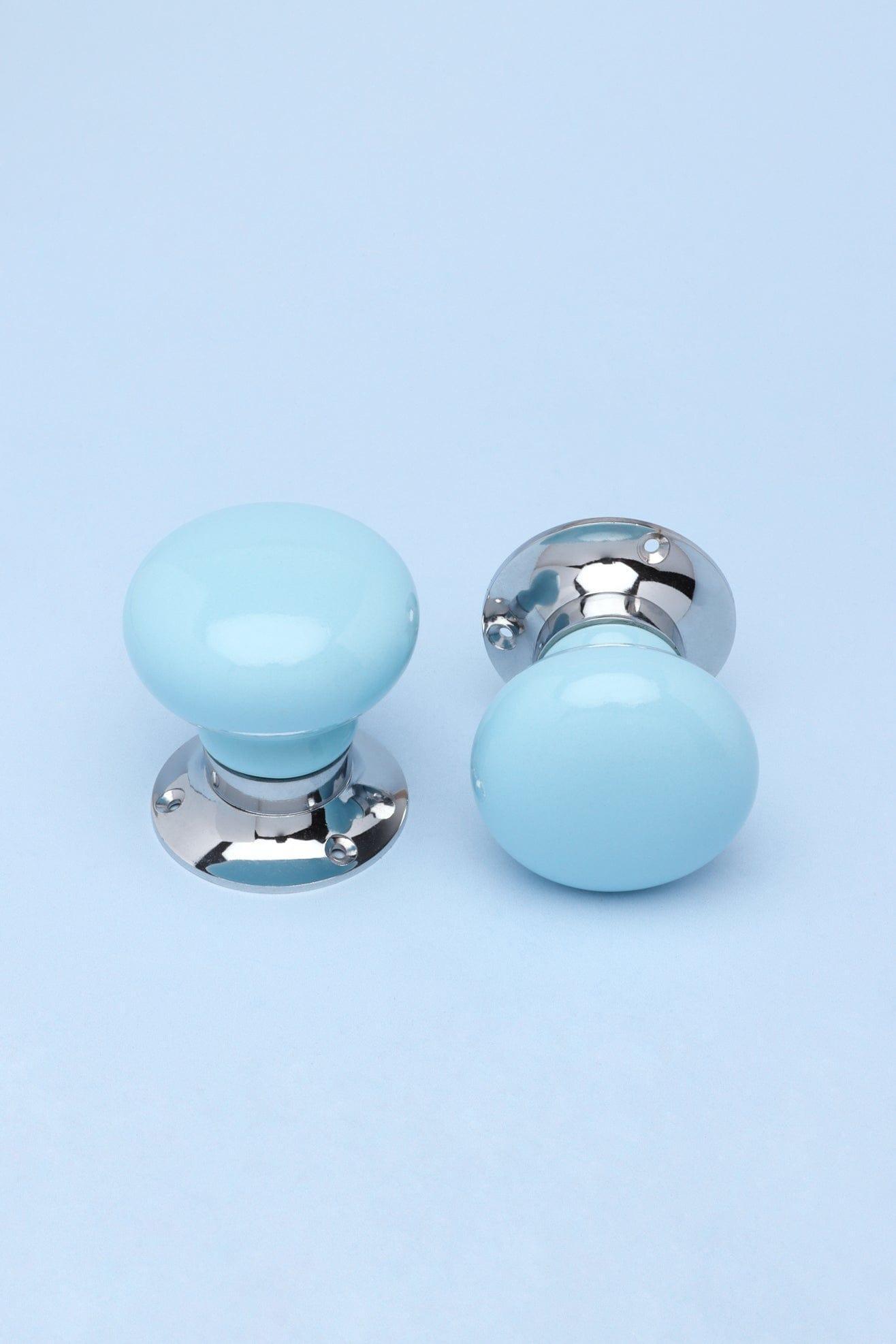 Perfect Edit Light Blue Set of Handcrafted Ceramic Mortice Door Handles, Internal Turning Knobs for Bedroom & Room Doors with Chrome Base - G Decor