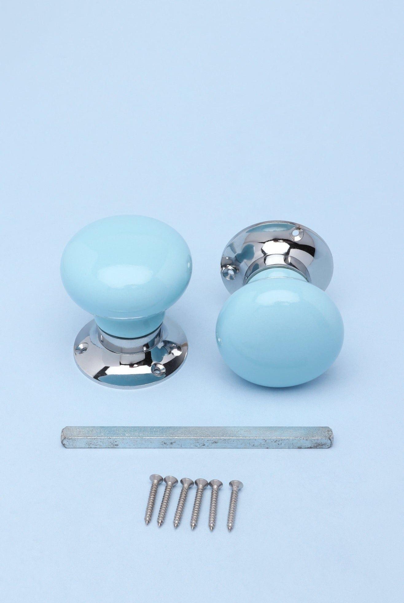 Perfect Edit Light Blue Set of Handcrafted Ceramic Mortice Door Handles, Internal Turning Knobs for Bedroom & Room Doors with Chrome Base - G Decor
