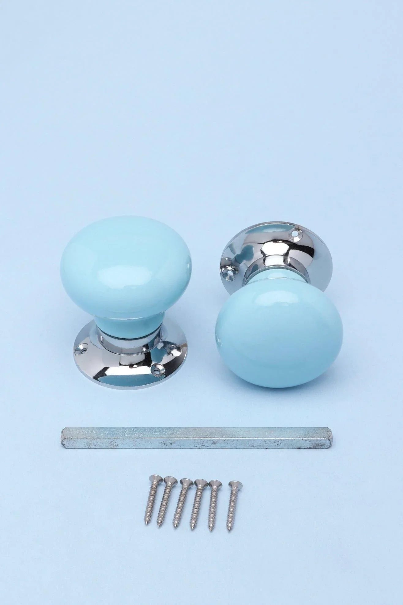 Perfect Edit Light Blue Ceramic Mortice Door Knobs with Chrome Base — close-up view, G Decor