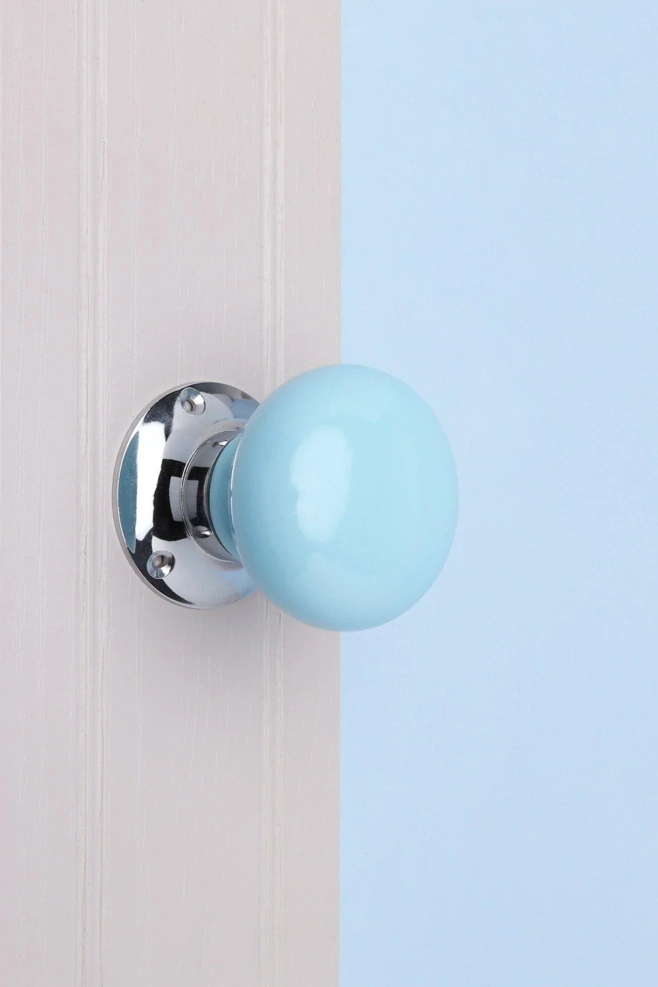 Perfect Edit Light Blue Ceramic Mortice Door Knobs with Chrome Base — alternate view, G Decor