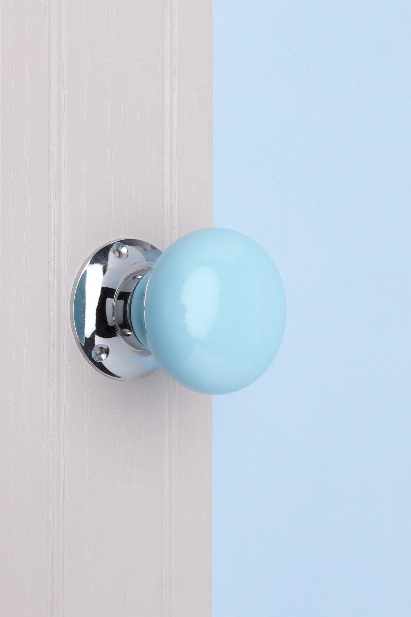 Perfect Edit Light Blue Set of Handcrafted Ceramic Mortice Door Handles, Internal Turning Knobs for Bedroom & Room Doors with Chrome Base - G Decor