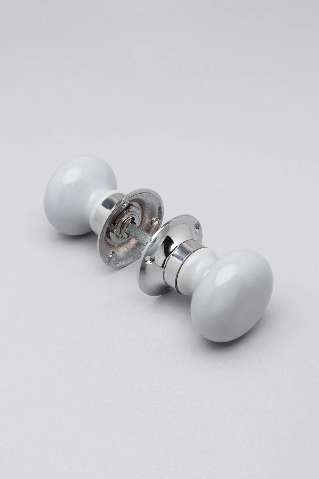 Perfect Edit Light Grey Ceramic Mortice Door Knobs with Chrome Base — lifestyle view, G Decor