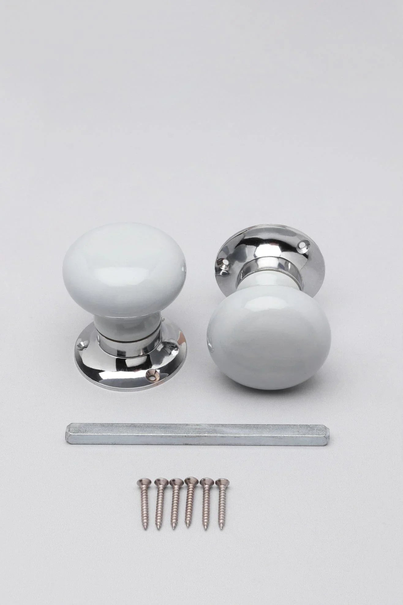 Perfect Edit Light Grey Ceramic Mortice Door Knobs with Chrome Base — close-up view, G Decor