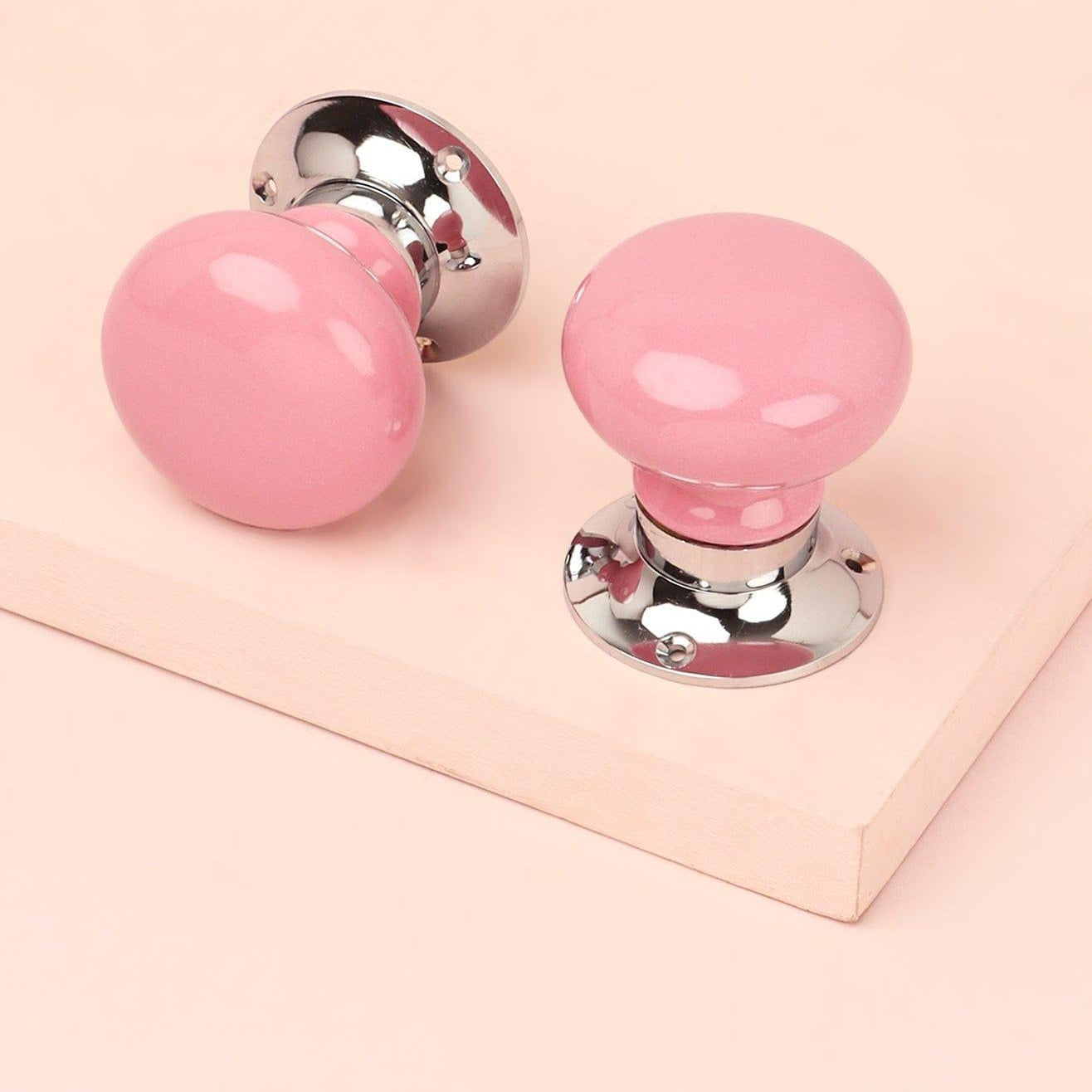 Perfect Edit Pink Set of Handcrafted Ceramic Mortice Door Handles, Internal Turning Knobs for Bedroom & Room Doors with Chrome Base - G Decor