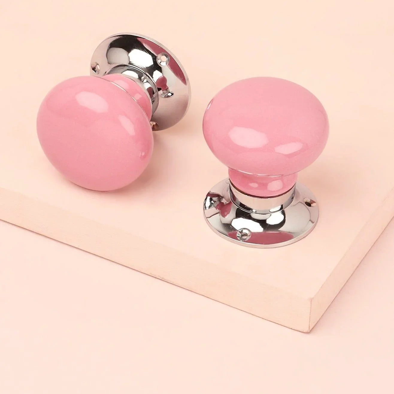 Perfect Edit Pink Set of Handcrafted Ceramic Mortice Door Handles, Internal Turning Knobs for Bedroom & Room Doors with Chrome Base - G Decor
