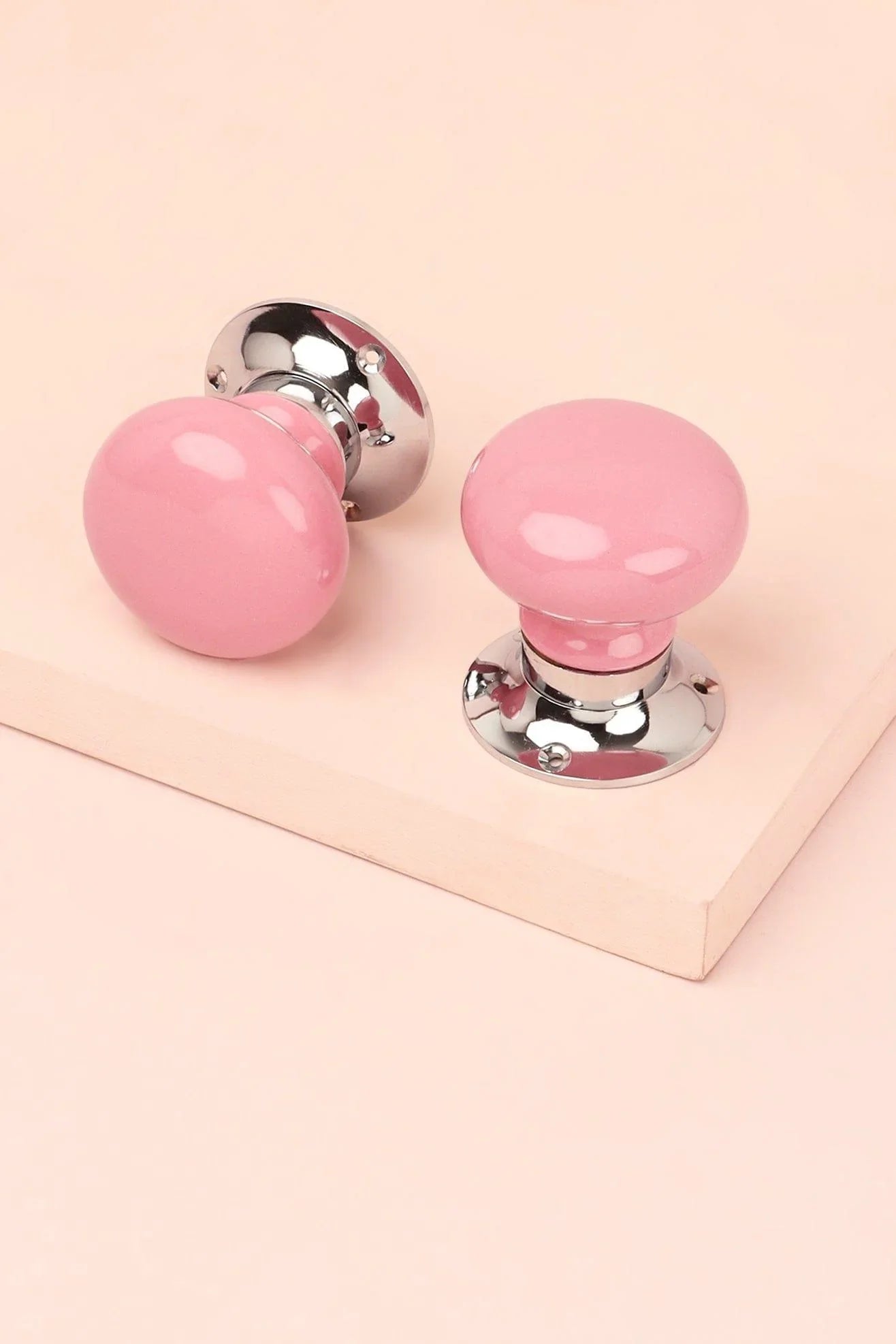 Perfect Edit Pink Set of Handcrafted Ceramic Mortice Door Handles, Internal Turning Knobs for Bedroom & Room Doors with Chrome Base - G Decor