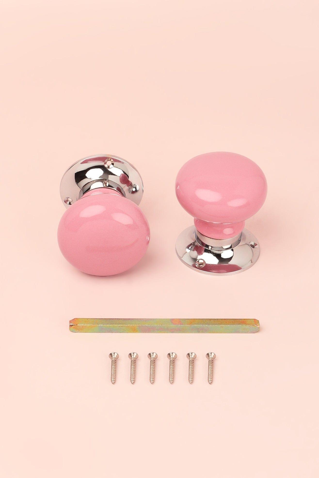 Perfect Edit Pink Set of Handcrafted Ceramic Mortice Door Handles, Internal Turning Knobs for Bedroom & Room Doors with Chrome Base - G Decor