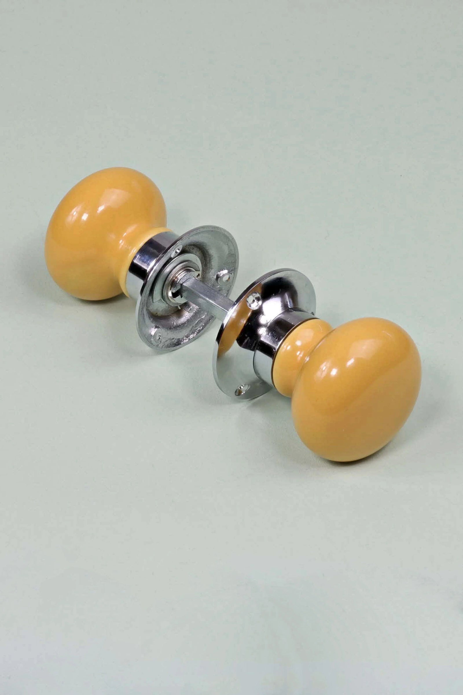 Perfect Edit Sunny Yellow Ceramic Mortice Door Knobs with Chrome Base — close-up view, G Decor