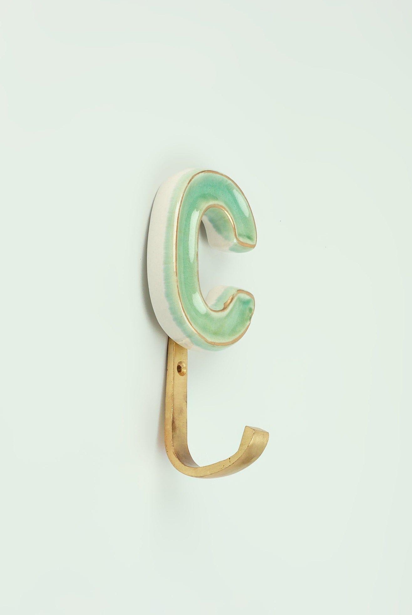Personalised Handcrafted Monogram Alphabet Green Crackle Glazed Hooks Hand-Painted Ceramic & Antique Finish Brass Letter Wall Coat Hooks - G Decor