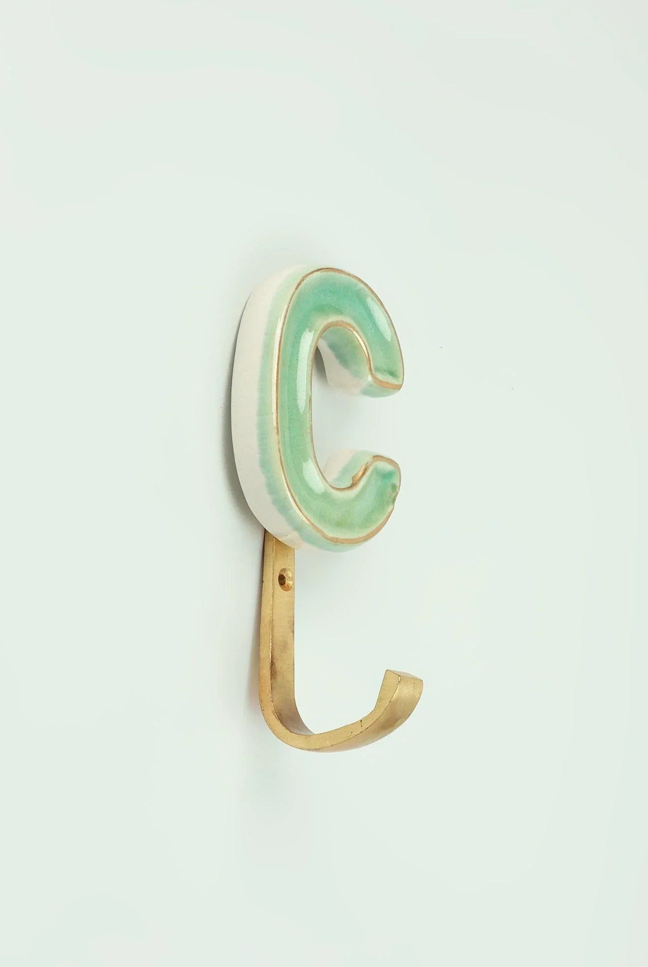 Personalised Handcrafted Monogram Alphabet Green Crackle Glazed Hooks Hand-Painted Ceramic & Antique Finish Brass Letter Wall Coat Hooks - G Decor
