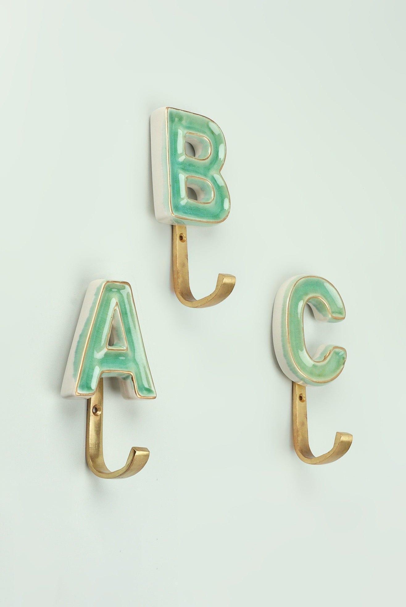 Personalised Handcrafted Monogram Alphabet Green Crackle Glazed Hooks Hand-Painted Ceramic & Antique Finish Brass Letter Wall Coat Hooks - G Decor