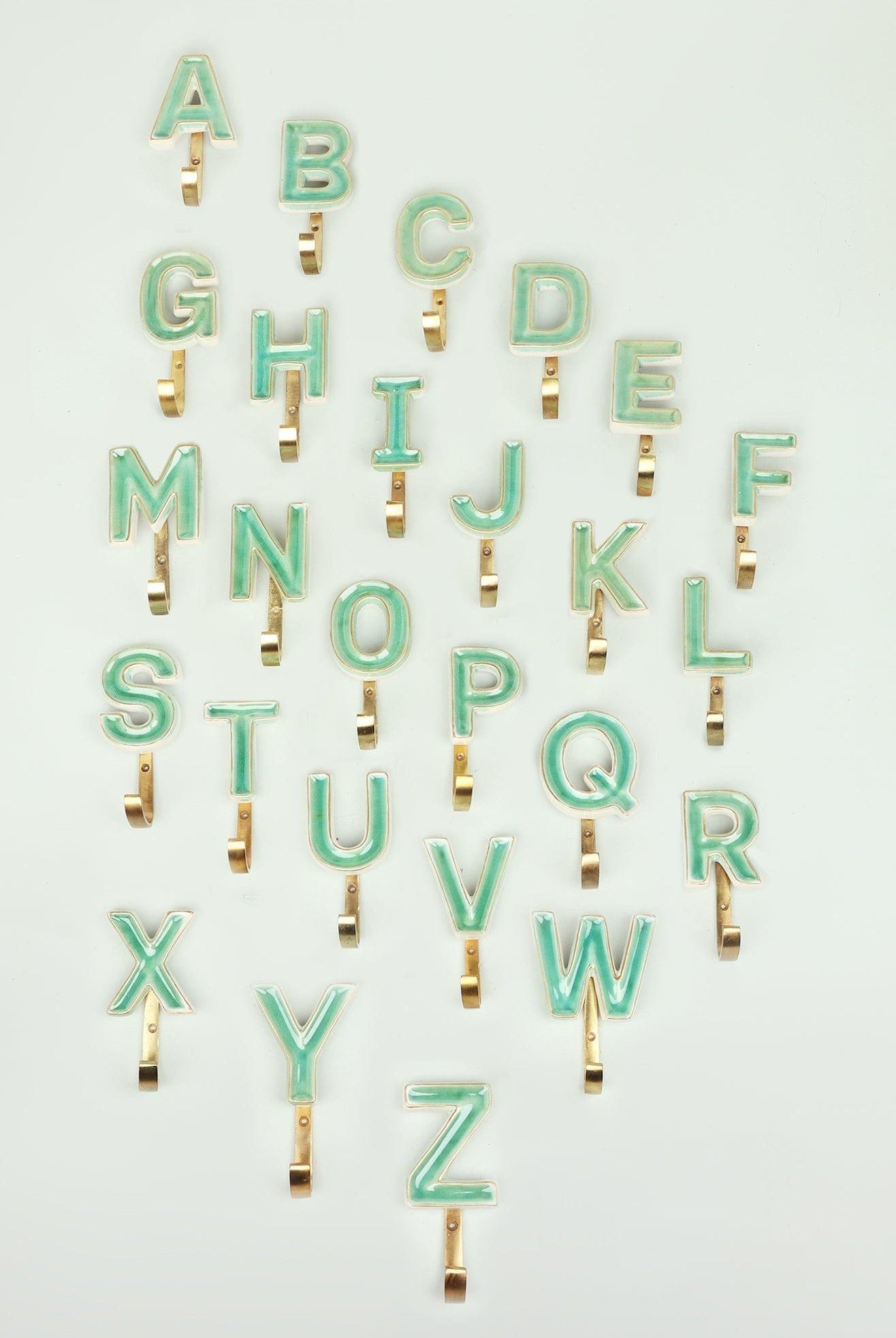 Personalised Handcrafted Monogram Alphabet Green Crackle Glazed Hooks Hand-Painted Ceramic & Antique Finish Brass Letter Wall Coat Hooks - G Decor