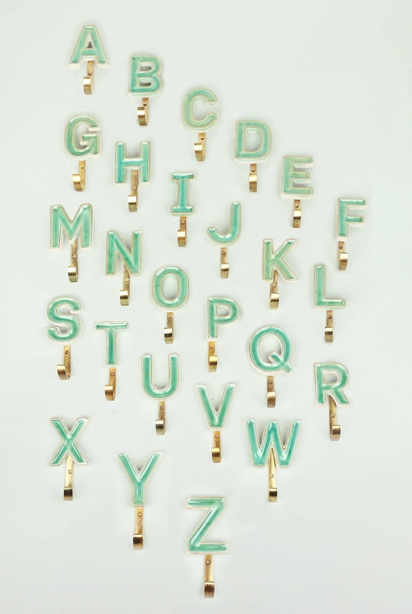 Personalised Handcrafted Monogram Alphabet Green Crackle Glazed Hooks Hand-Painted Ceramic & Antique Finish Brass Letter Wall Coat Hooks - G Decor