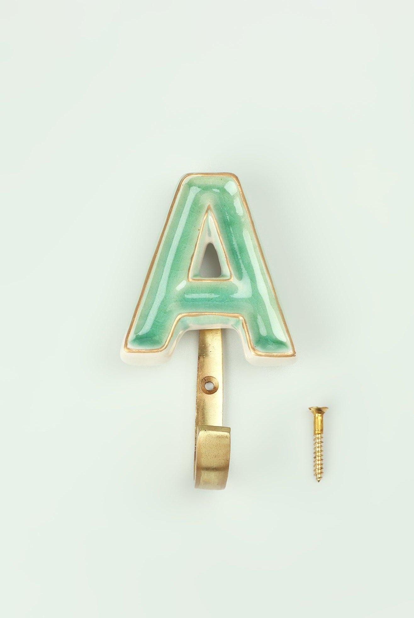 Personalised Handcrafted Monogram Alphabet Green Crackle Glazed Hooks Hand-Painted Ceramic & Antique Finish Brass Letter Wall Coat Hooks - G Decor